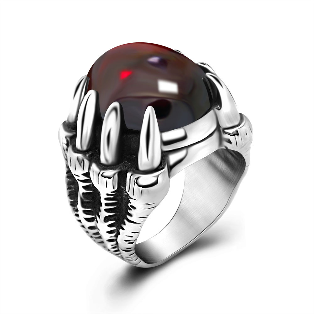 Men's Retro Dragon Claw Ring Titanium Steel Domineering Red  Gem Ring-Ranbybox