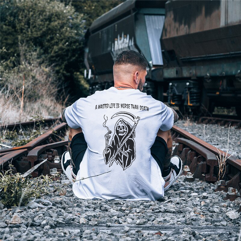  A Wasted Life Is Worse Than Death Skeleton Printed T-shirt-Ranbybox