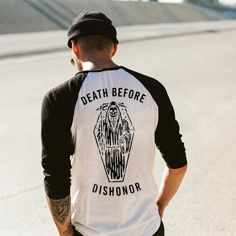  White-black Stitching Death Before Dishonor Skeleton Printed Long-sleeved T-shirt-Ranbybox