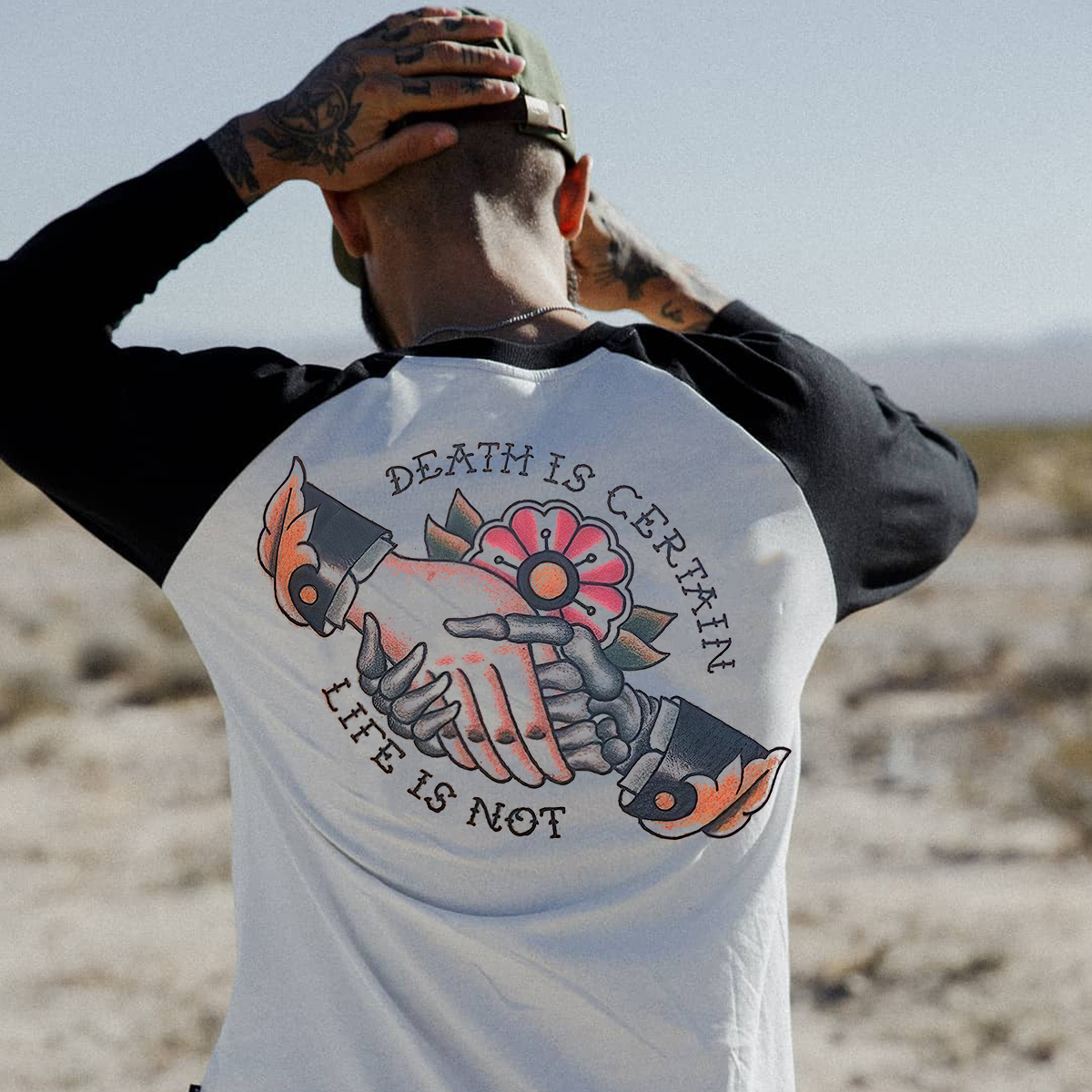  Death Is Certain Life Is Not Handshake Printed T-shirt-Ranbybox