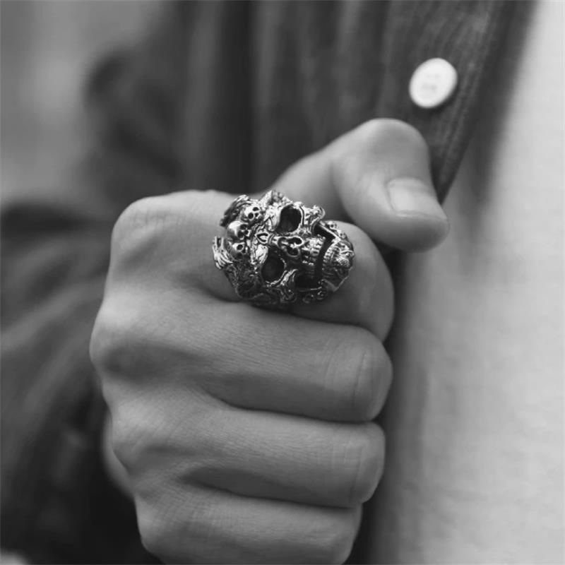 Vintage punk three skulls print rings-Ranbybox