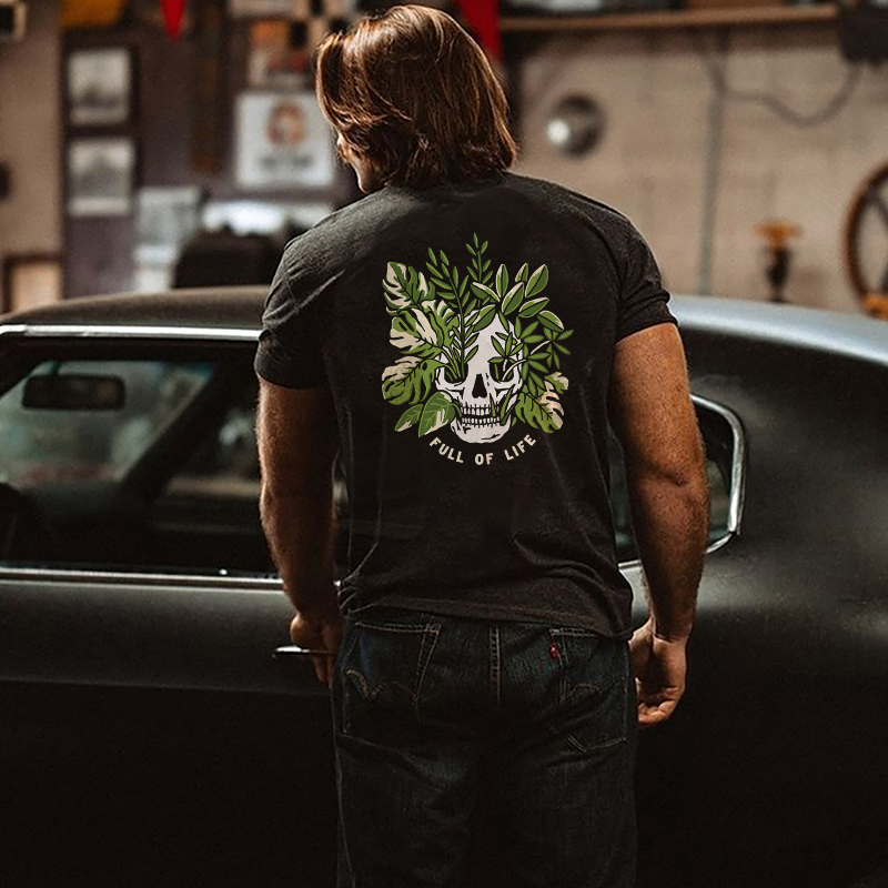 Full Of Life Skull Plant Printed Men's Black T-shirt-Ranbybox