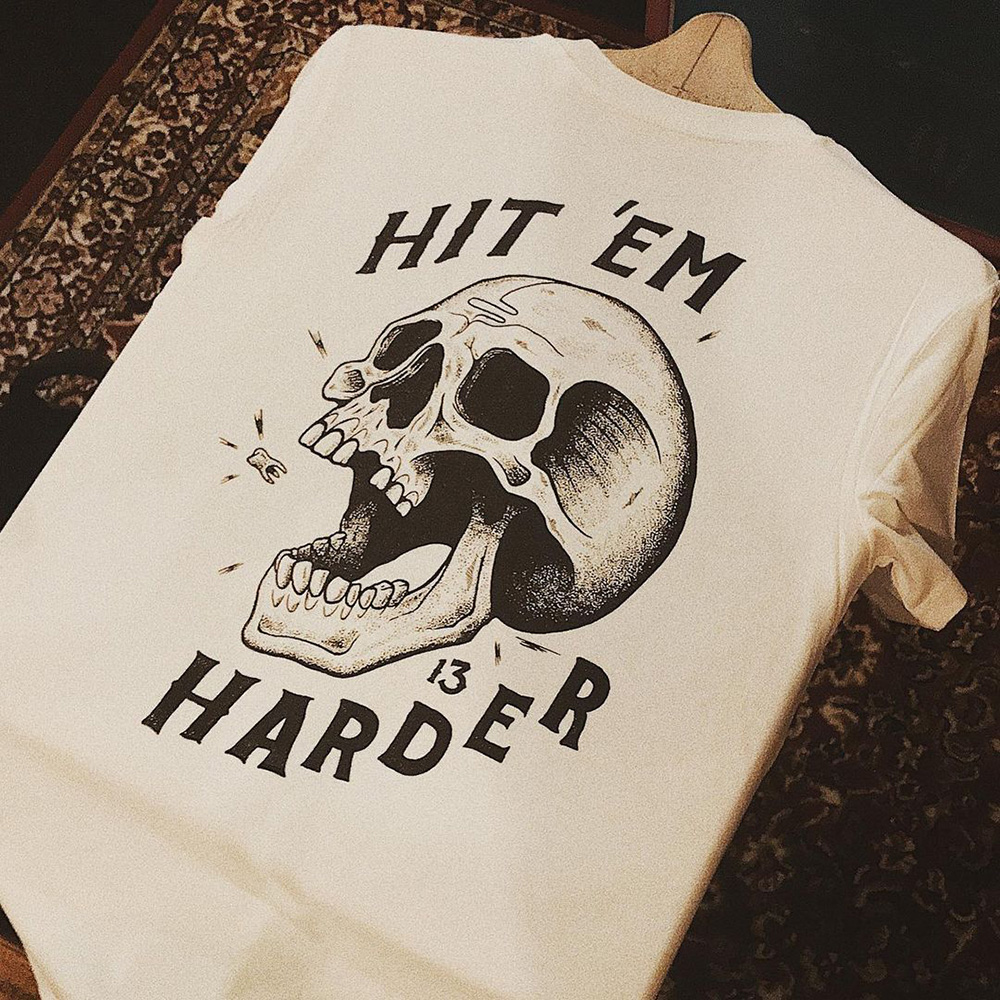  Hit 'em harder skull round collar basic t-shirt-Ranbybox