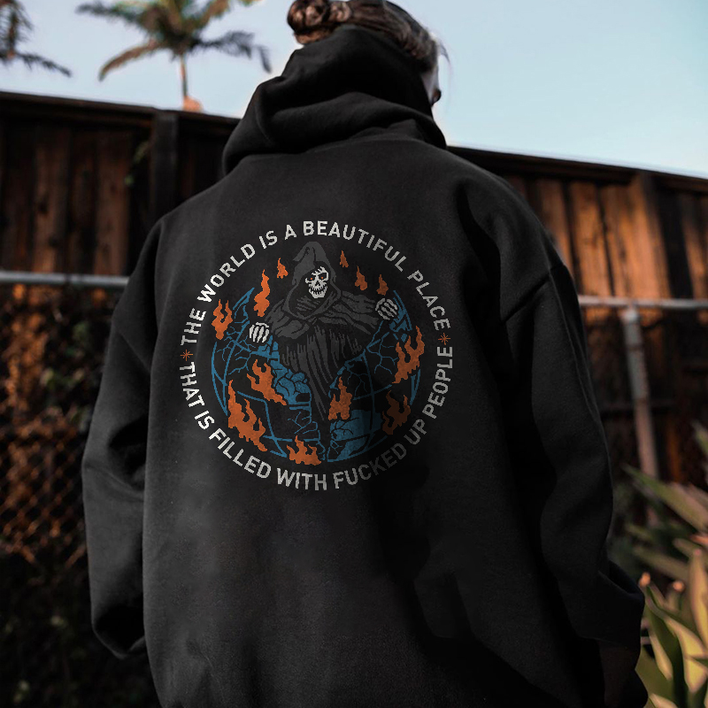  Classic The World Is A Beautiful Place Fierce Skull Printed Hoodie-Ranbybox