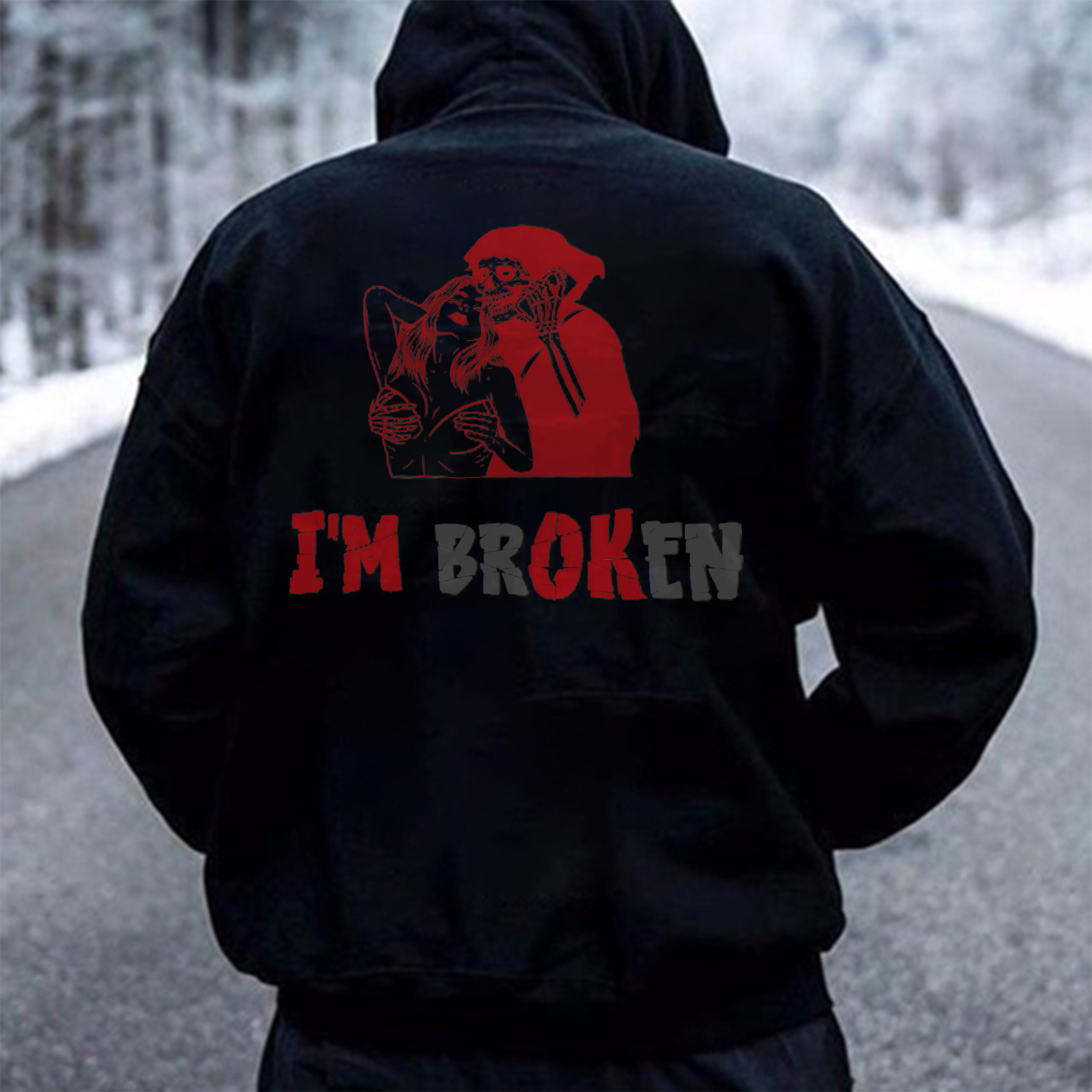 I'm Broken Letters Skull Prining Casual Hoodie-Ranbybox