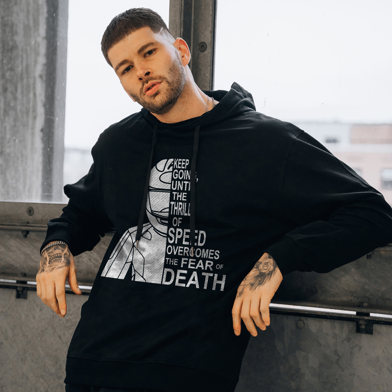  Men's Keep Going Until The Thrill Of Speed Printed Black Hoodie-Ranbybox