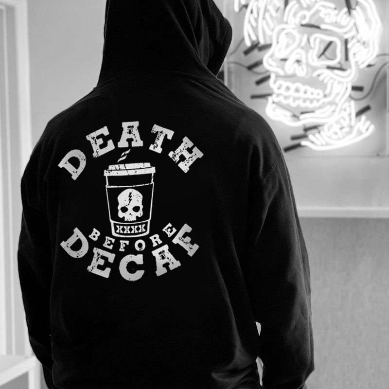  Death Before Decaf  Skull In Coffee Cup Printed Hoodie-Ranbybox