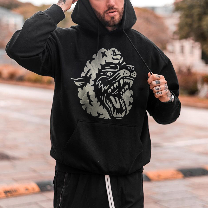  Ferocious Wolf Printed Casual Men's Loose Hoodie-Ranbybox