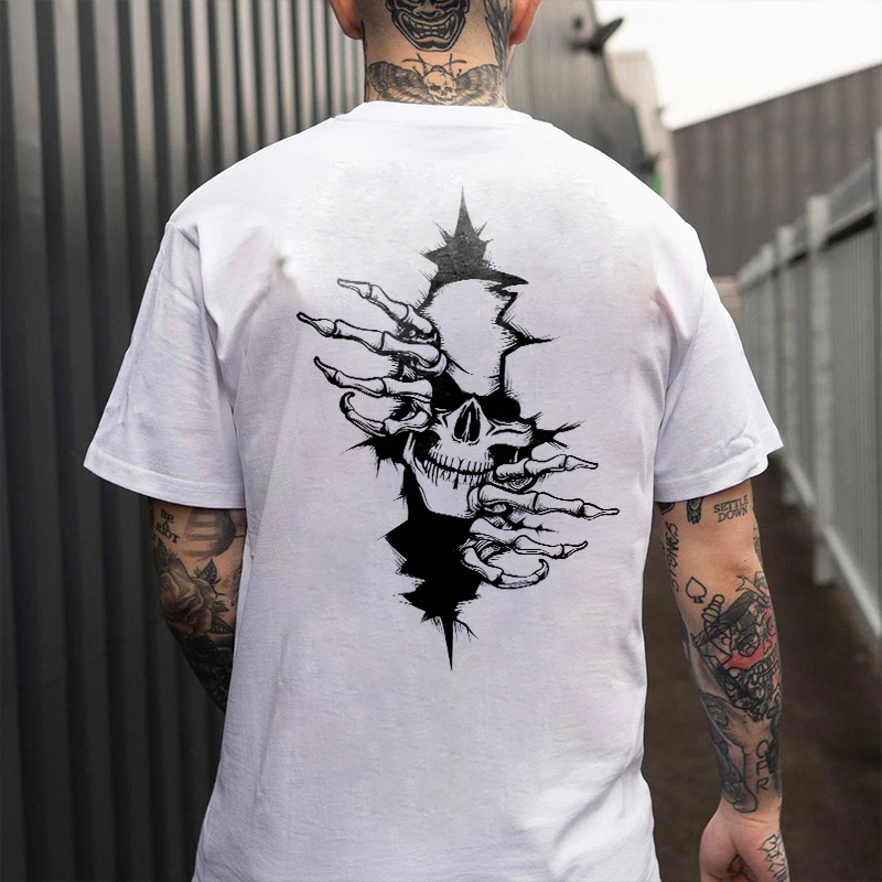 Skull Print Men's Crew Neck T-shirt-Ranbybox