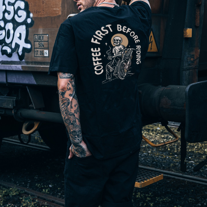  Coffee First Before Riding Printed Casual Men's T-shirt-Ranbybox