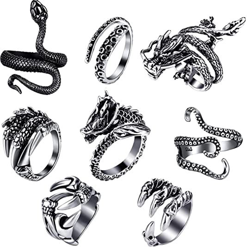 Punk Snake Animal Skull Open Ring Set