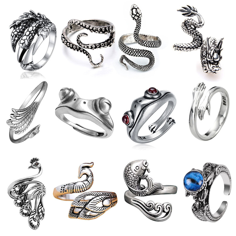 Punk Snake Animal Skull Open Ring Set