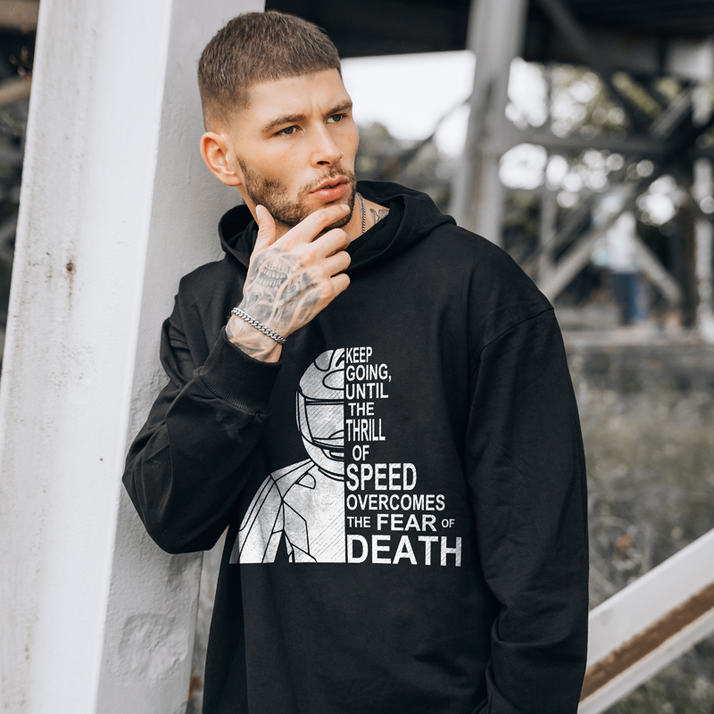  Men's Keep Going Until The Thrill Of Speed Printed Black Hoodie-Ranbybox
