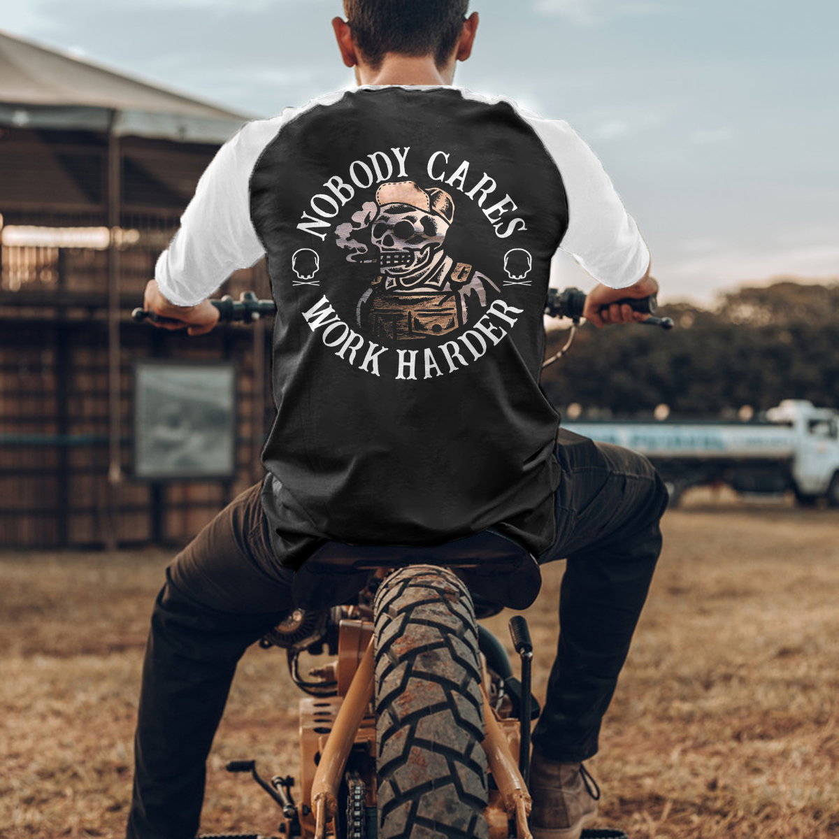 Nobody Cares Work Harder Skull Printed Patchwork T-Shirt