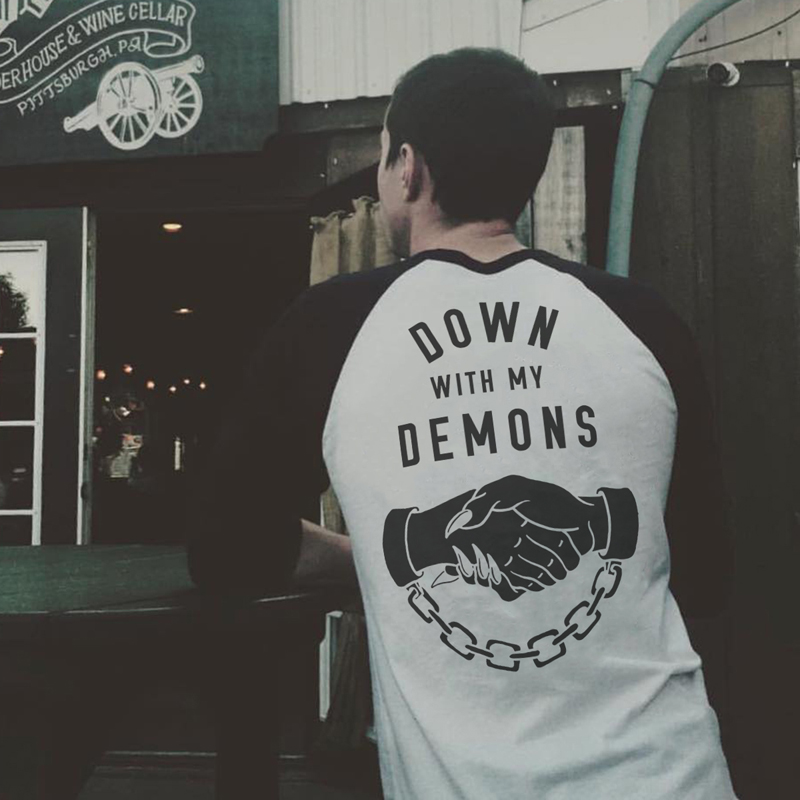 Color-stitching Shake Hands Down With My Demons Printed T-shirt-Ranbybox