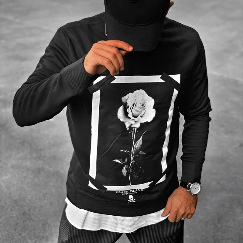  Vintage rose printed round collar sweatshirt-Ranbybox