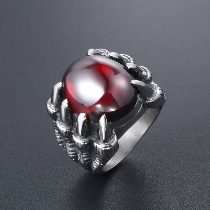 Men's Retro Dragon Claw Ring Titanium Steel Domineering Red  Gem Ring-Ranbybox