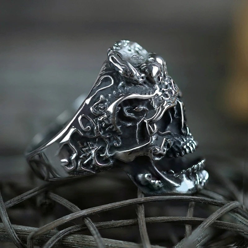 Vintage punk three skulls print rings-Ranbybox