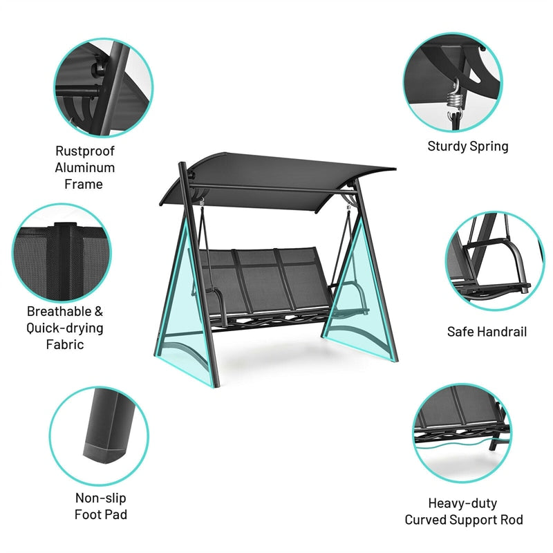 3-Person Aluminum Outdoor Porch Swing Chair with Adjustable Canopy
