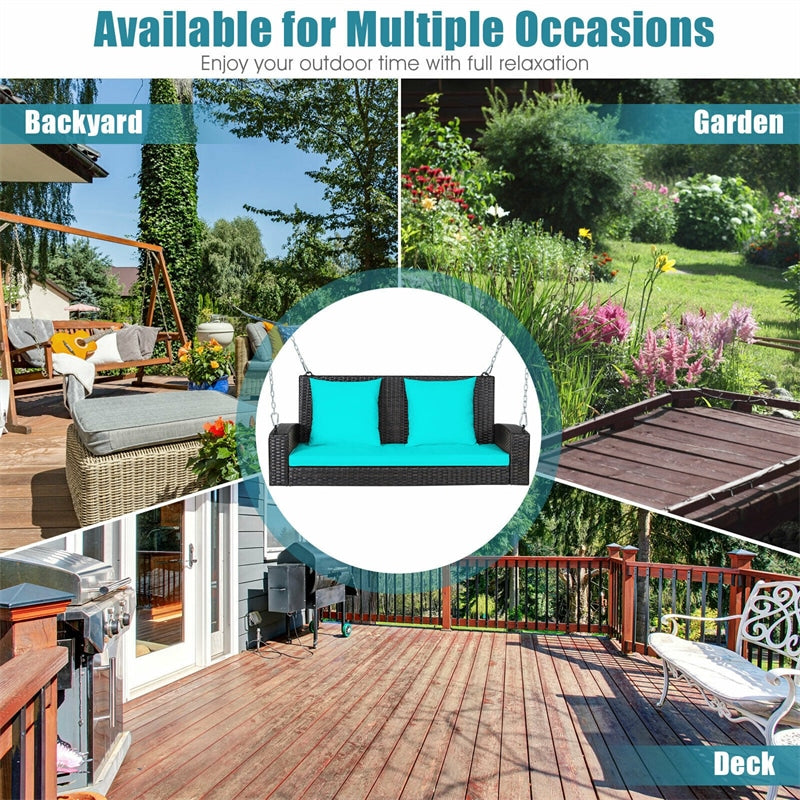 2-Person Outdoor Wicker Hanging Porch Swing Bench with 3 Cushions