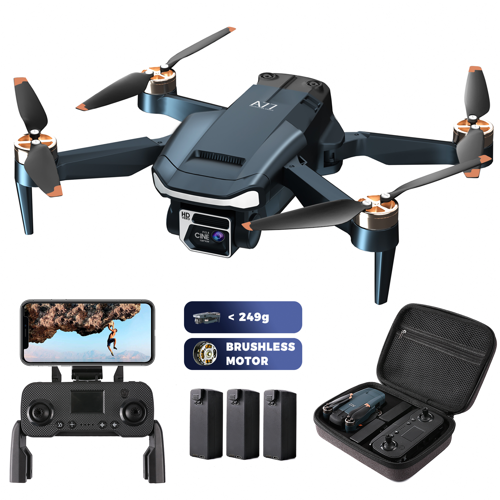 Durable Brushless Motor Drone with 84 Mins Super Long Flight Time, Drone with Camera for Beginners, CHUBORY A77 WiFi FPV Quadcopter with 2K HD Camera, Follow Me, Auto Hover, 3 Batteries, Carrying Case