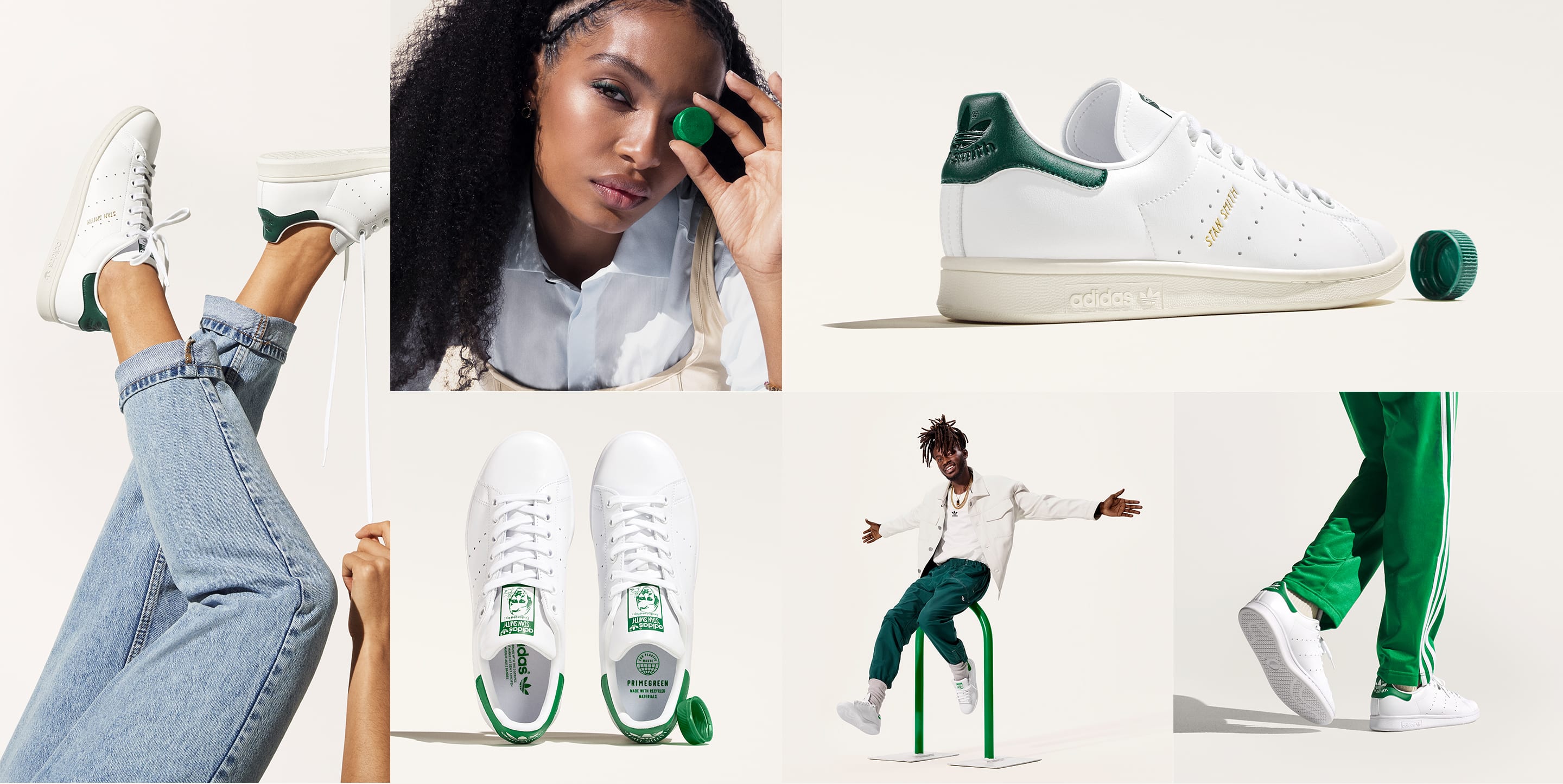 Stan Smith shoes with a bottle cap on one toe next to crumpled water bottles. Next to them, a collage of models wearing the shoes.