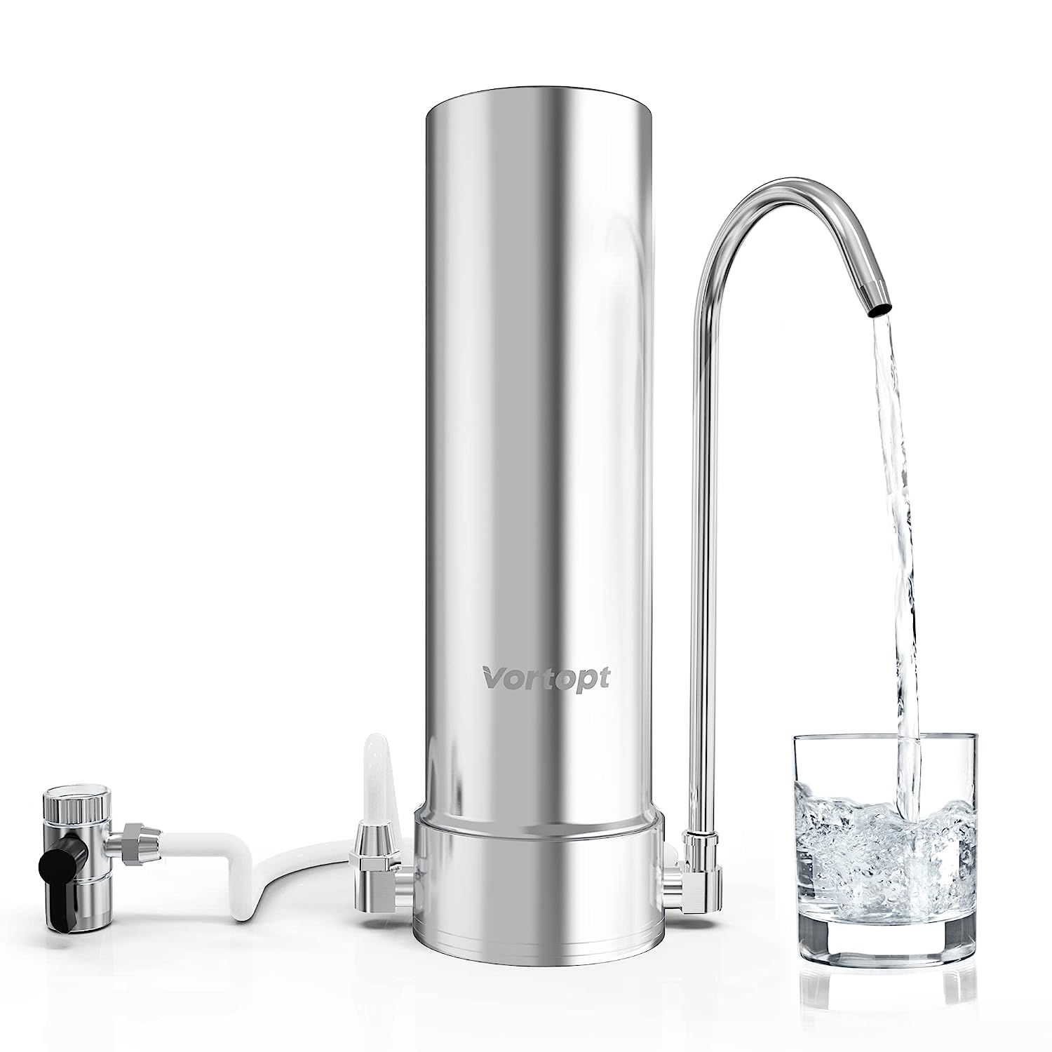 Vortopt Countertop Water Filter System - 5-Stage Stainless Steel Faucet Water Filter for 8000 Gallons - Water Purifier with KDF - Reduces Chlorine, Heavy Metals, Bad Odors - F7 - Includes 1 Filte
