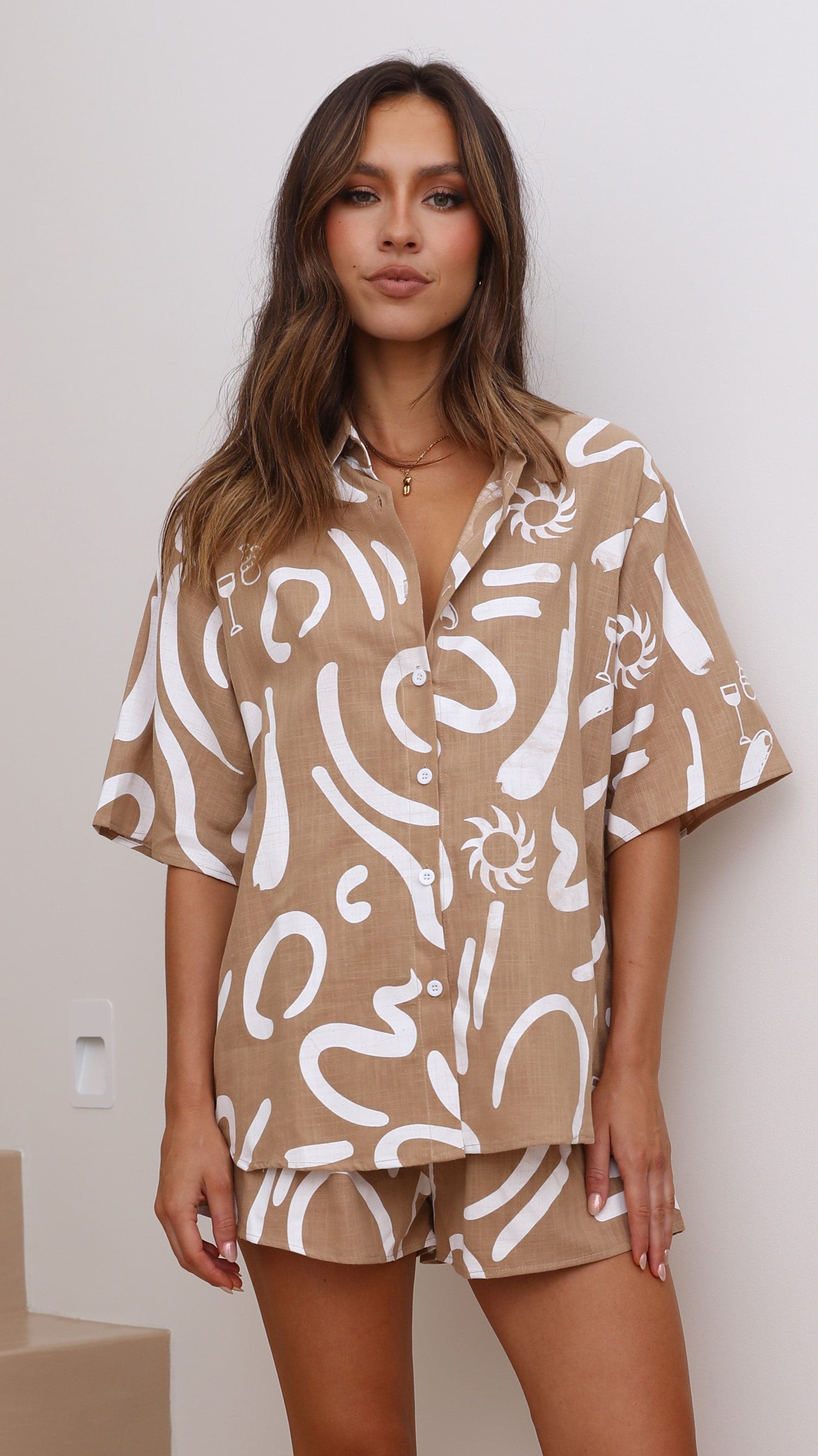 Charli Button Up Shirt and Shorts Set - Tan/White-Sunshines Bliss