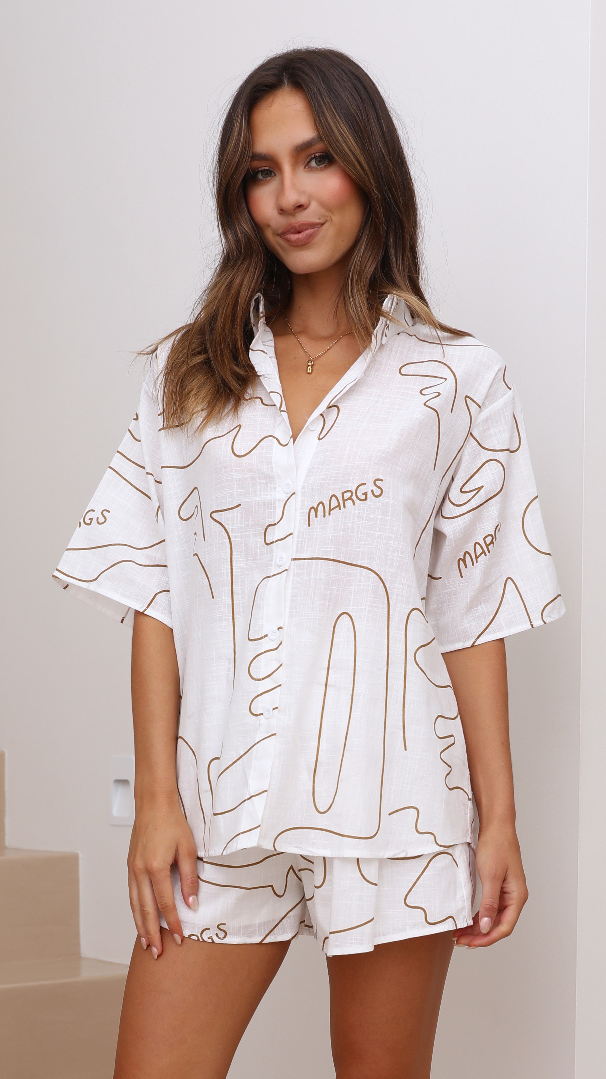 Charli Button Up Shirt and Shorts Set - Brown-Sunshines Bliss