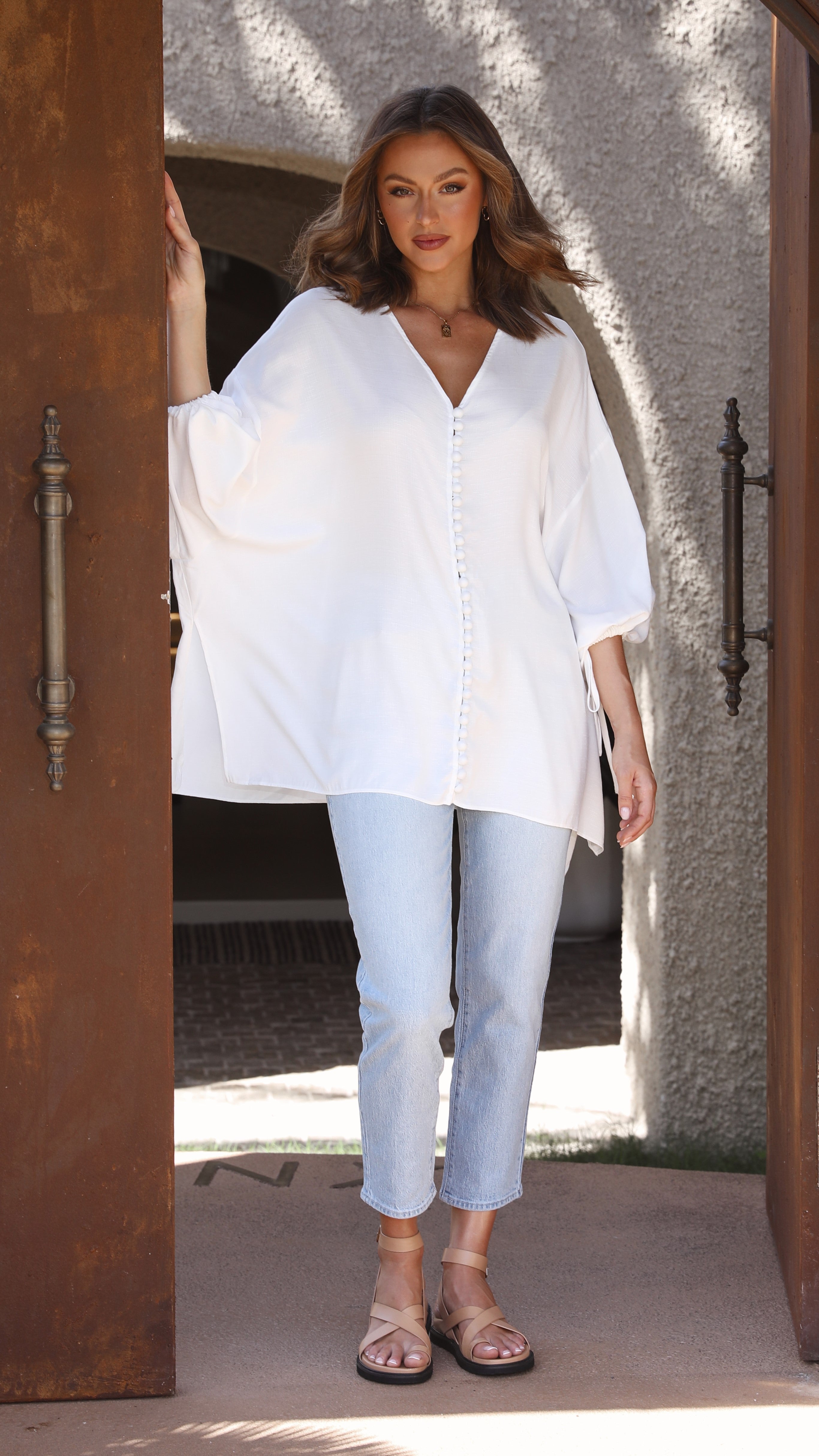 Terri Button Up Top - White-Sunshines Bliss