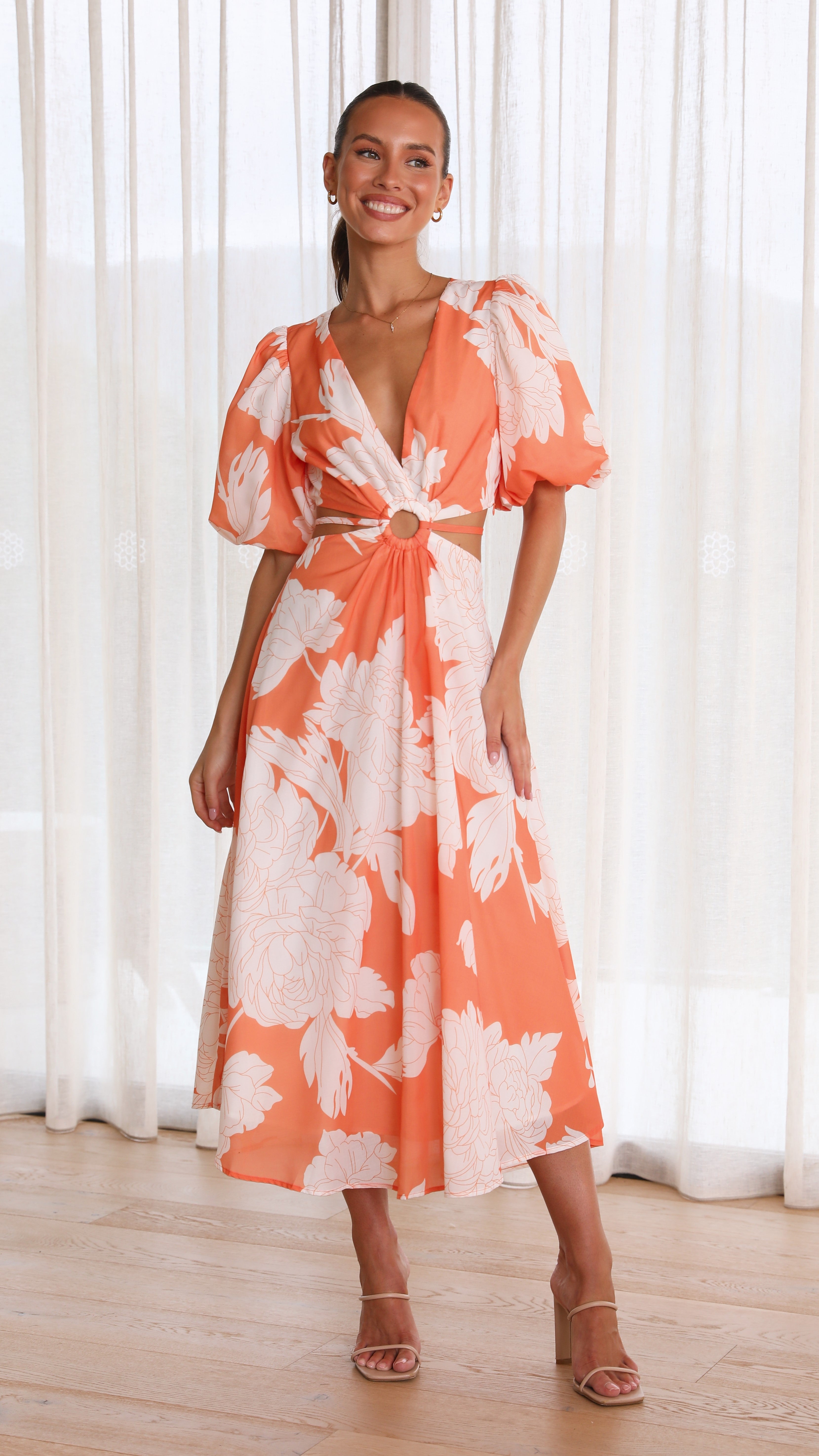 Colette Midi Dress - Orange Floral-Sunshines Bliss