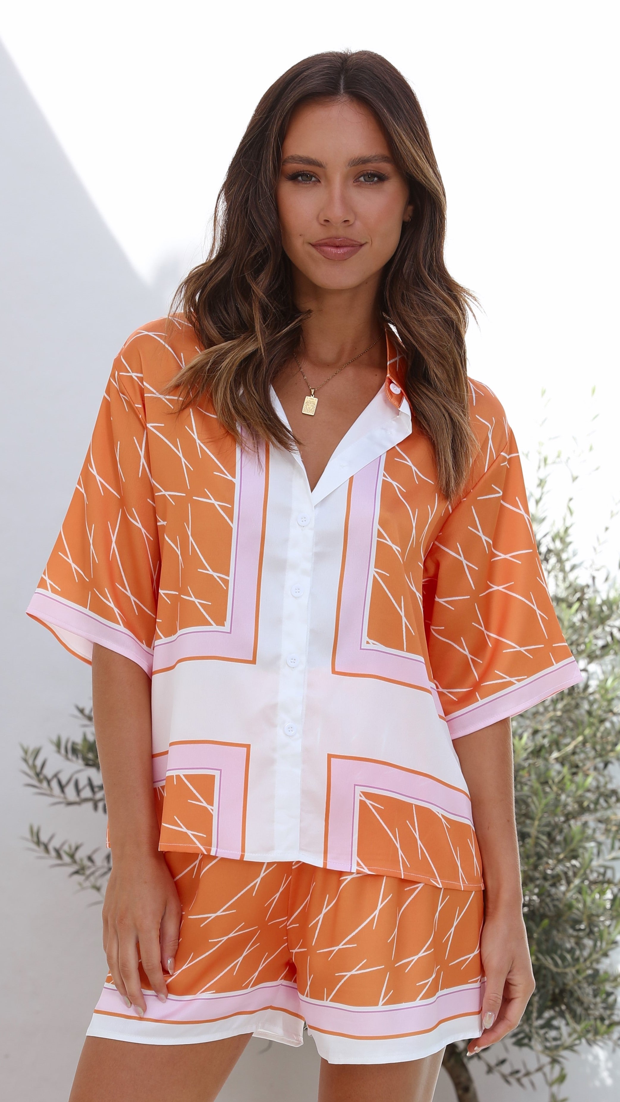 Keira Button Up Shirt and Shorts - Orange-Sunshines Bliss