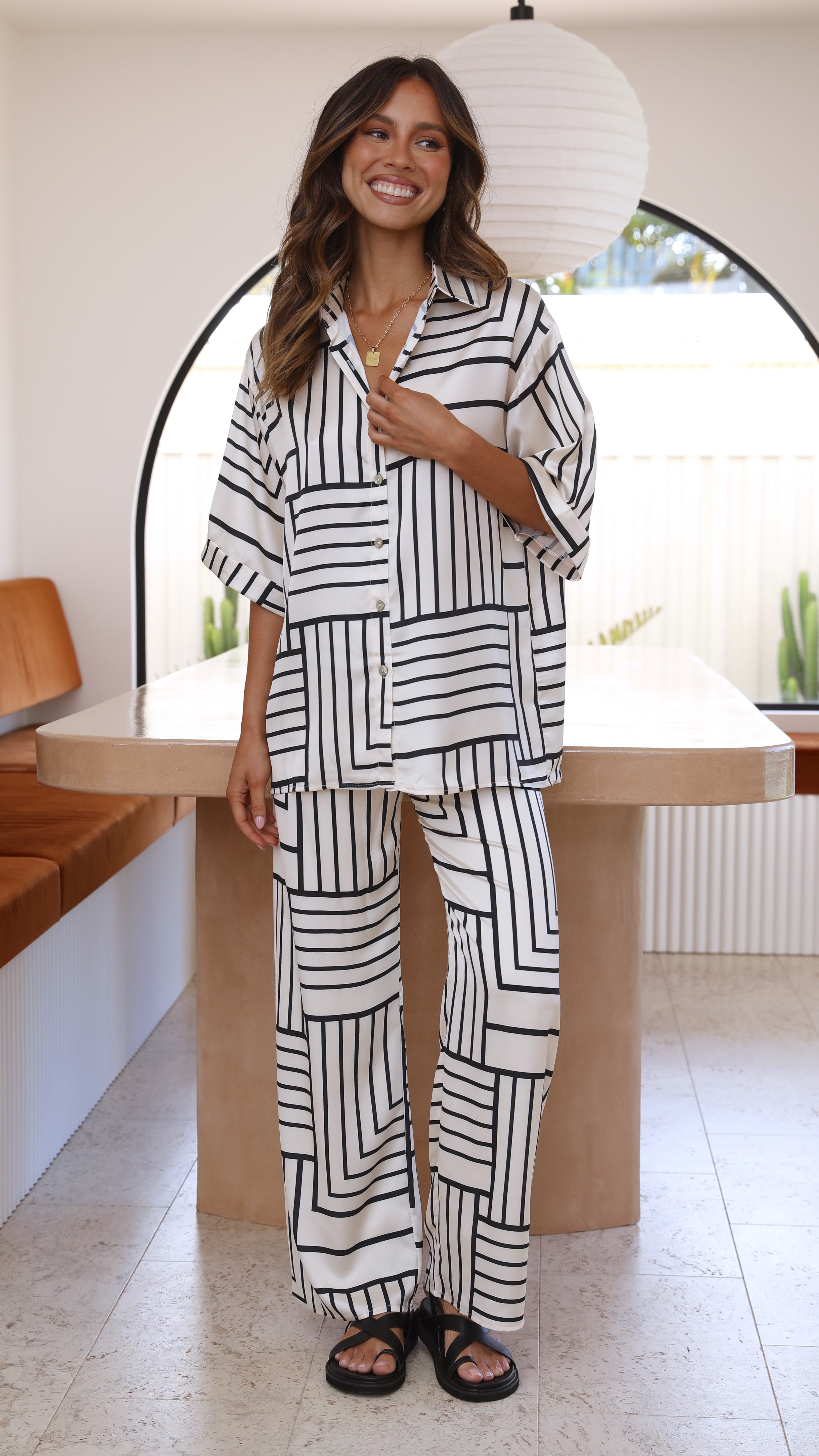 Bailie Shirt and Pants Set - Beige/Black Geo-Sunshines Bliss