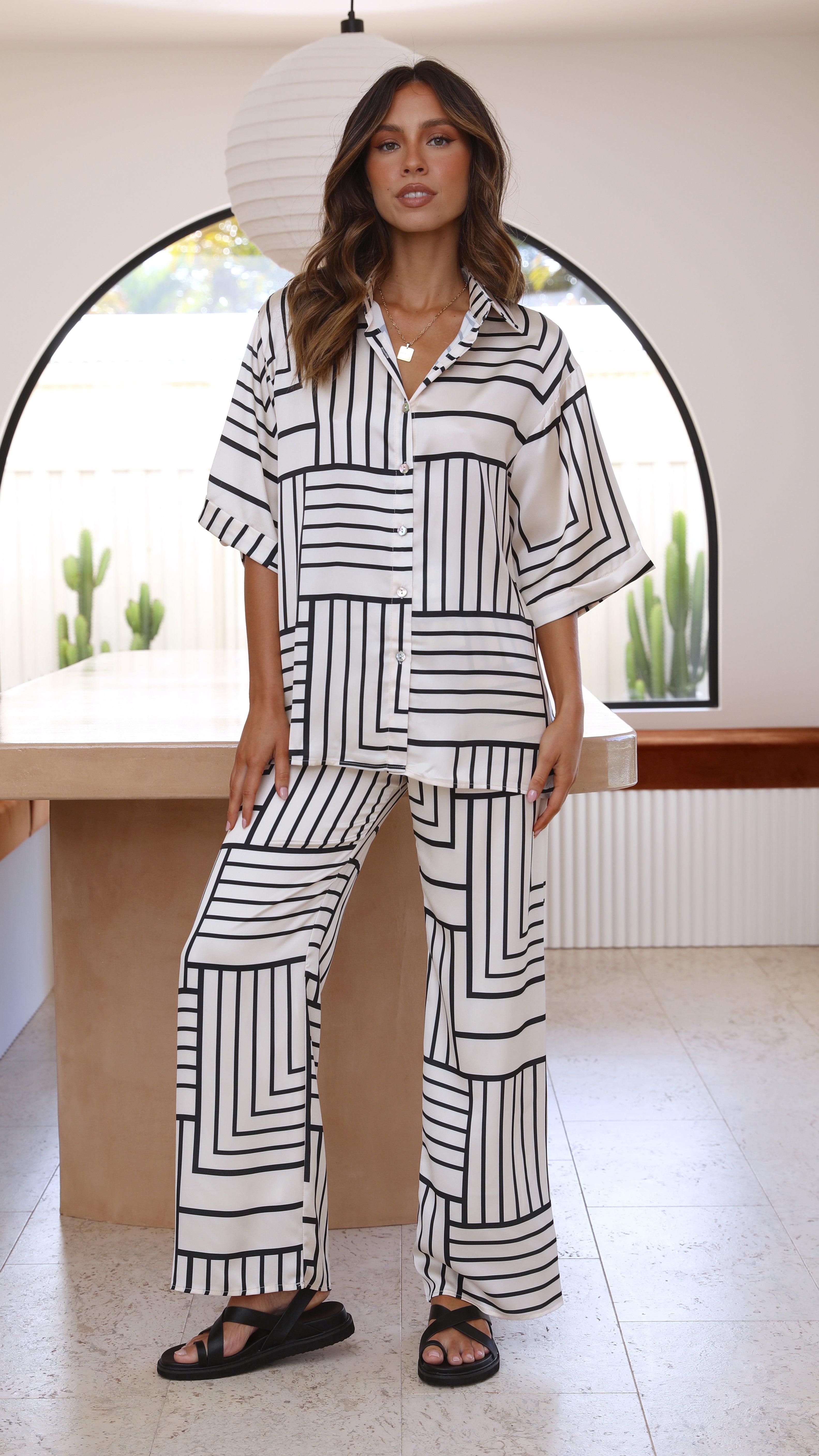 Bailie Shirt and Pants Set - Beige/Black Geo-Sunshines Bliss