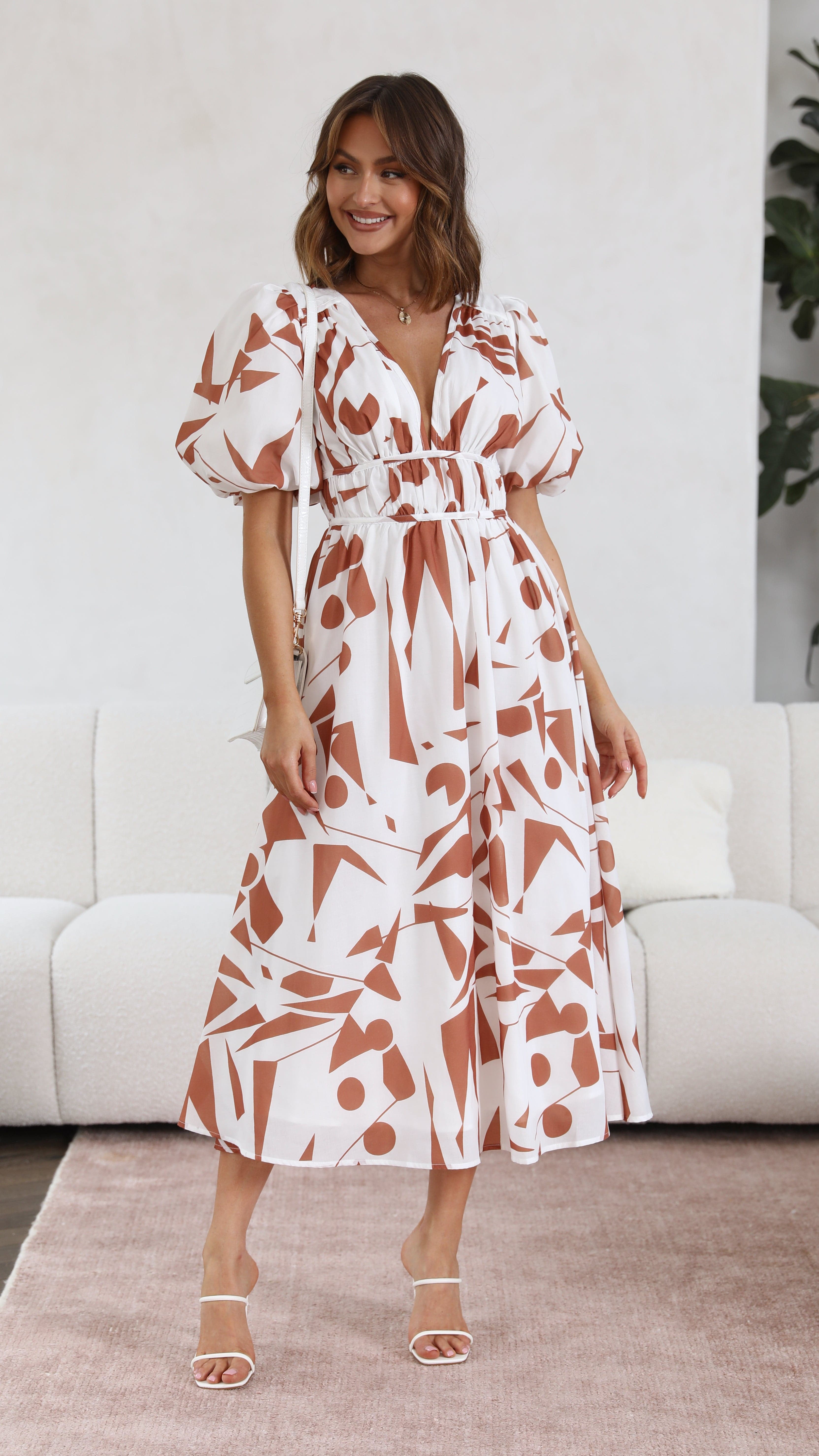Venice Midi Dress - Tan/White-Sunshines Bliss