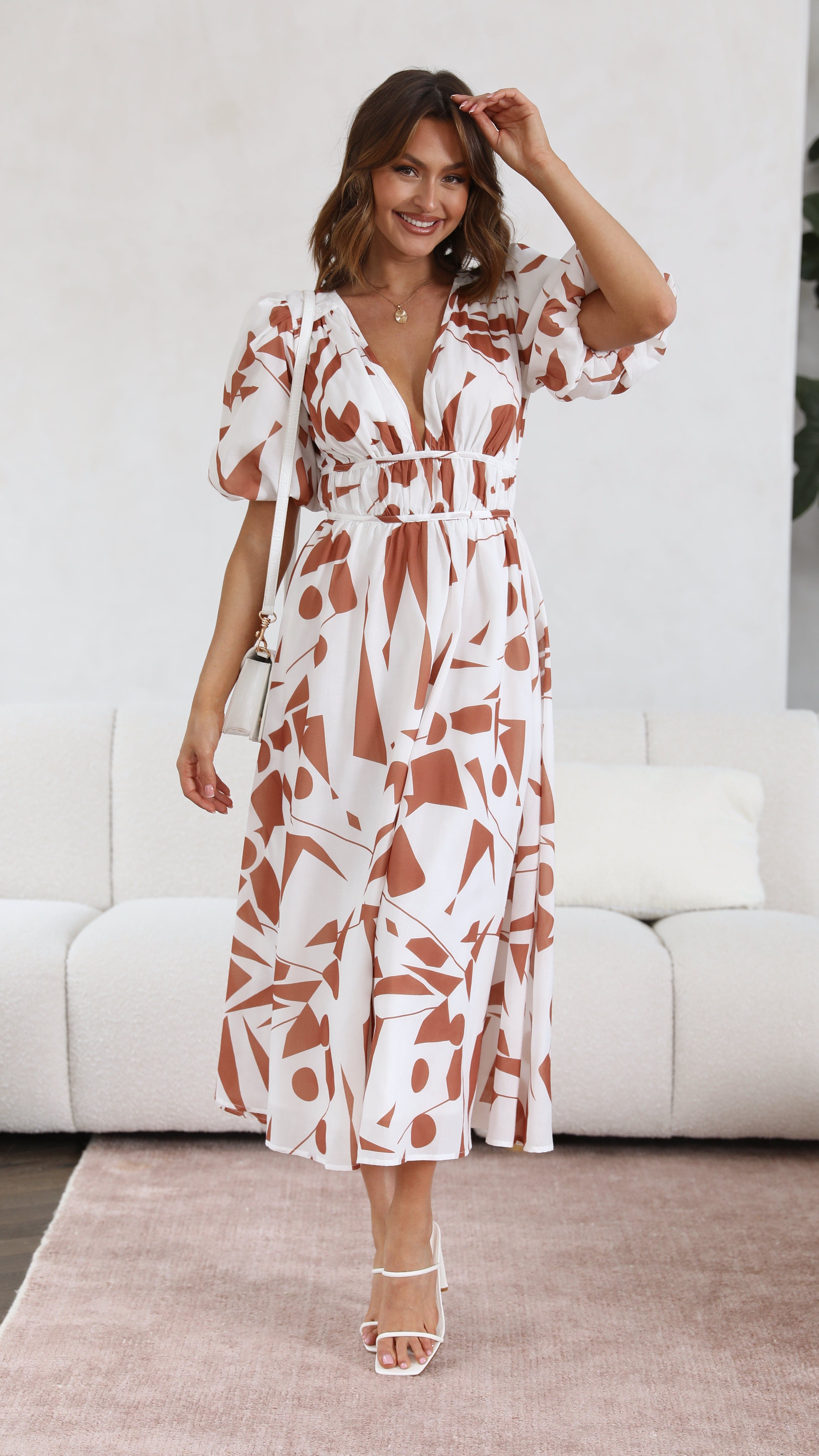Venice Midi Dress - Tan/White-Sunshines Bliss