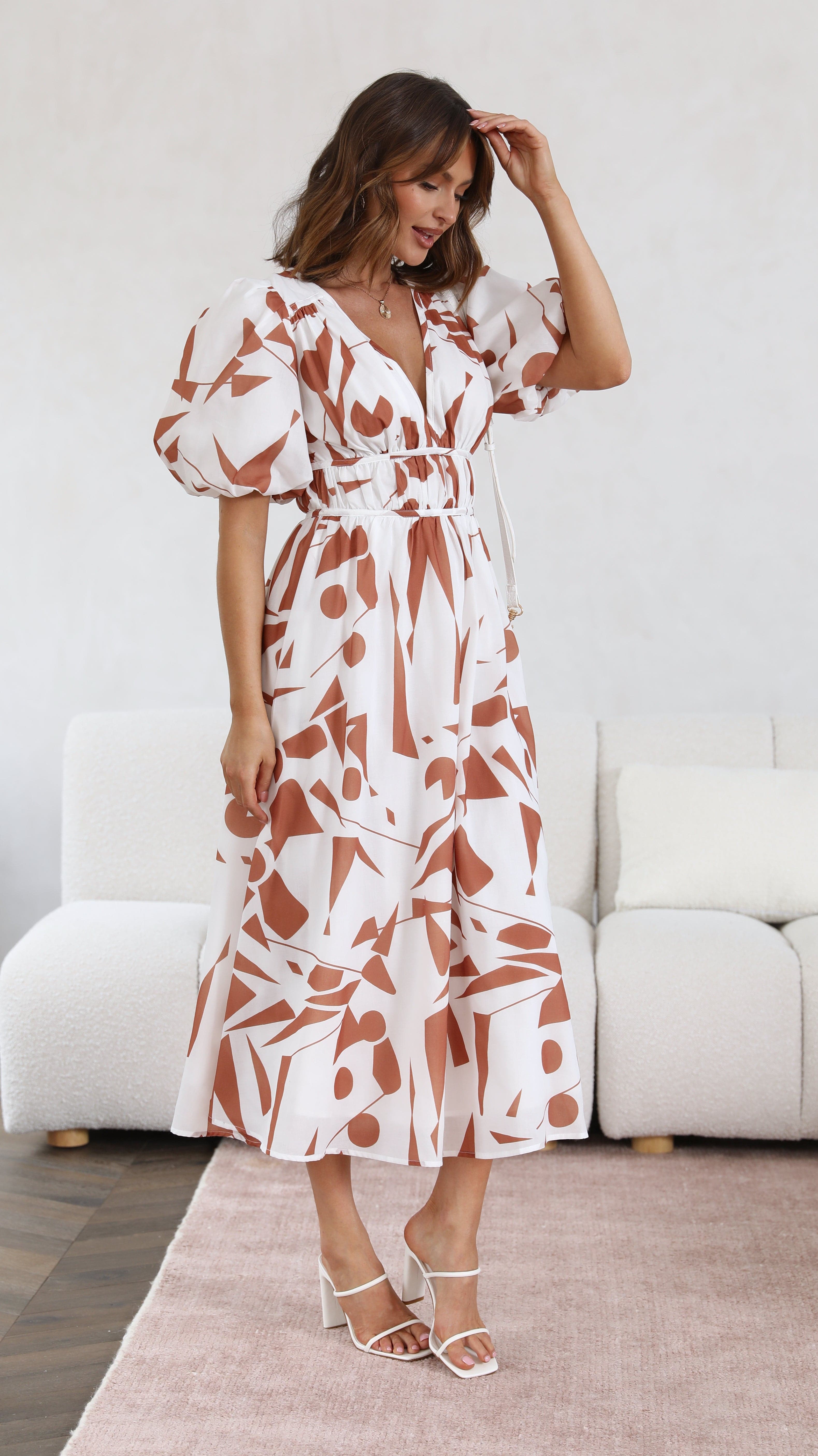 Venice Midi Dress - Tan/White-Sunshines Bliss