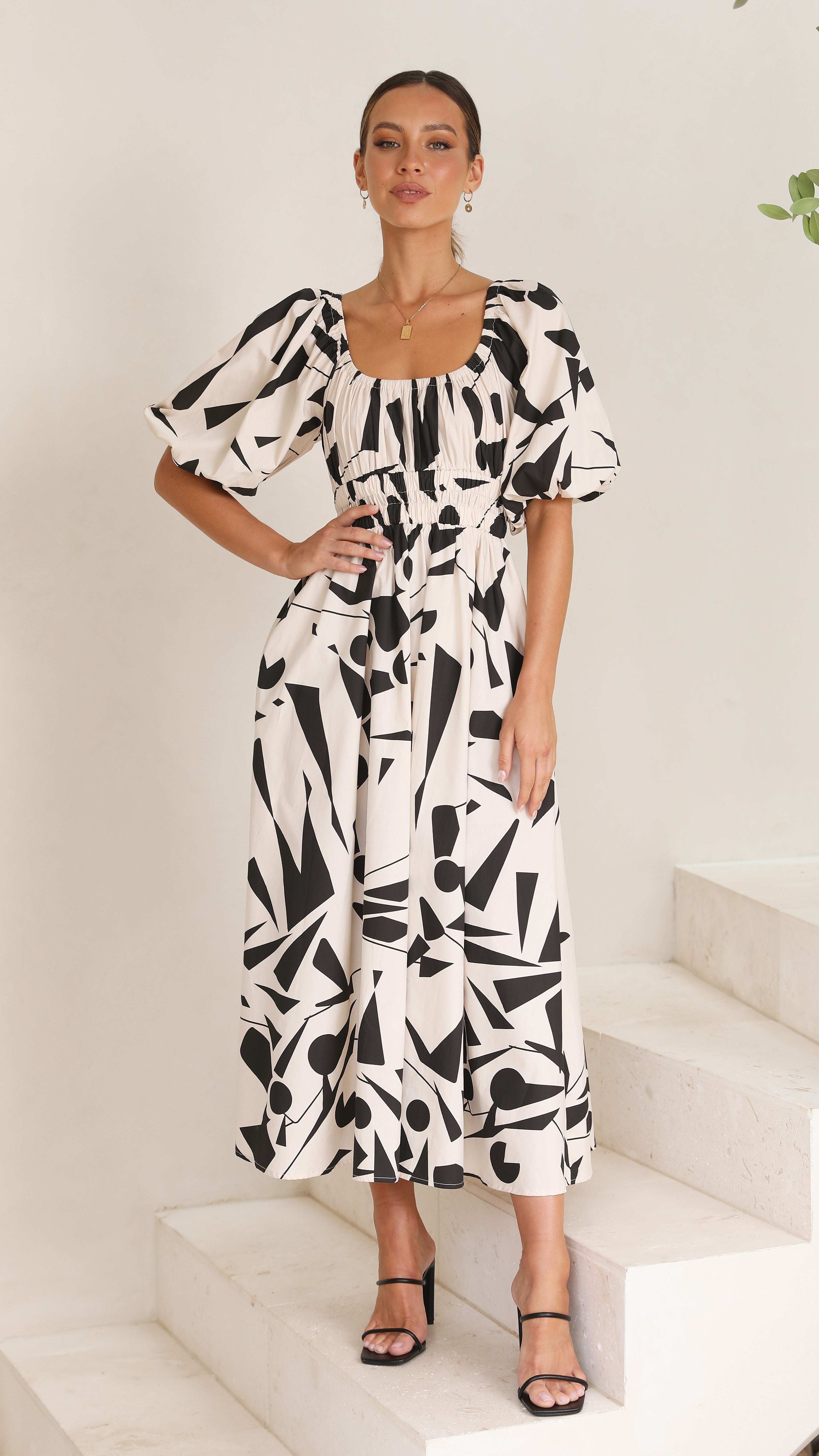 Mel Midi Dress - Beige/Black-Sunshines Bliss