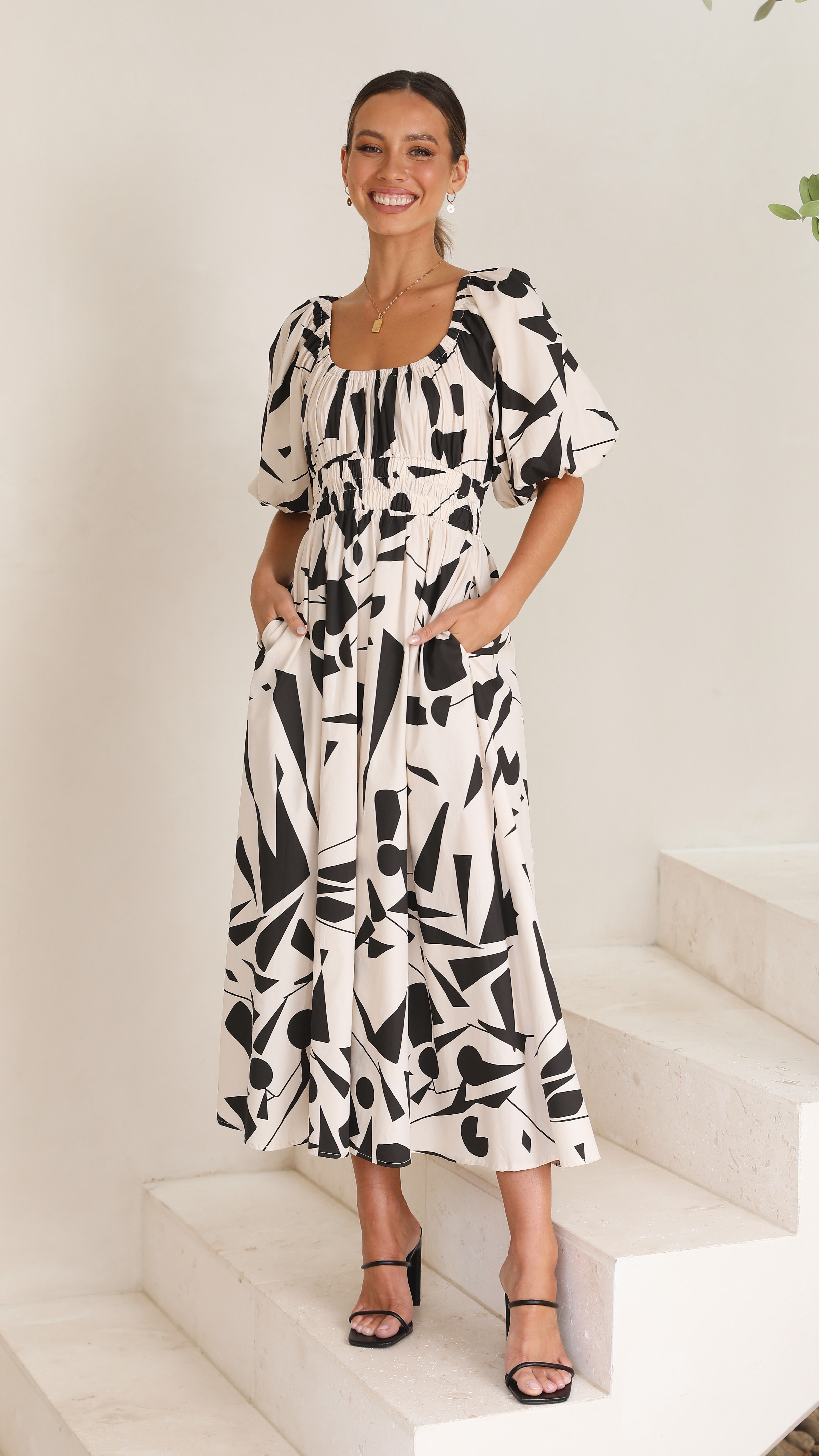 Mel Midi Dress - Beige/Black-Sunshines Bliss