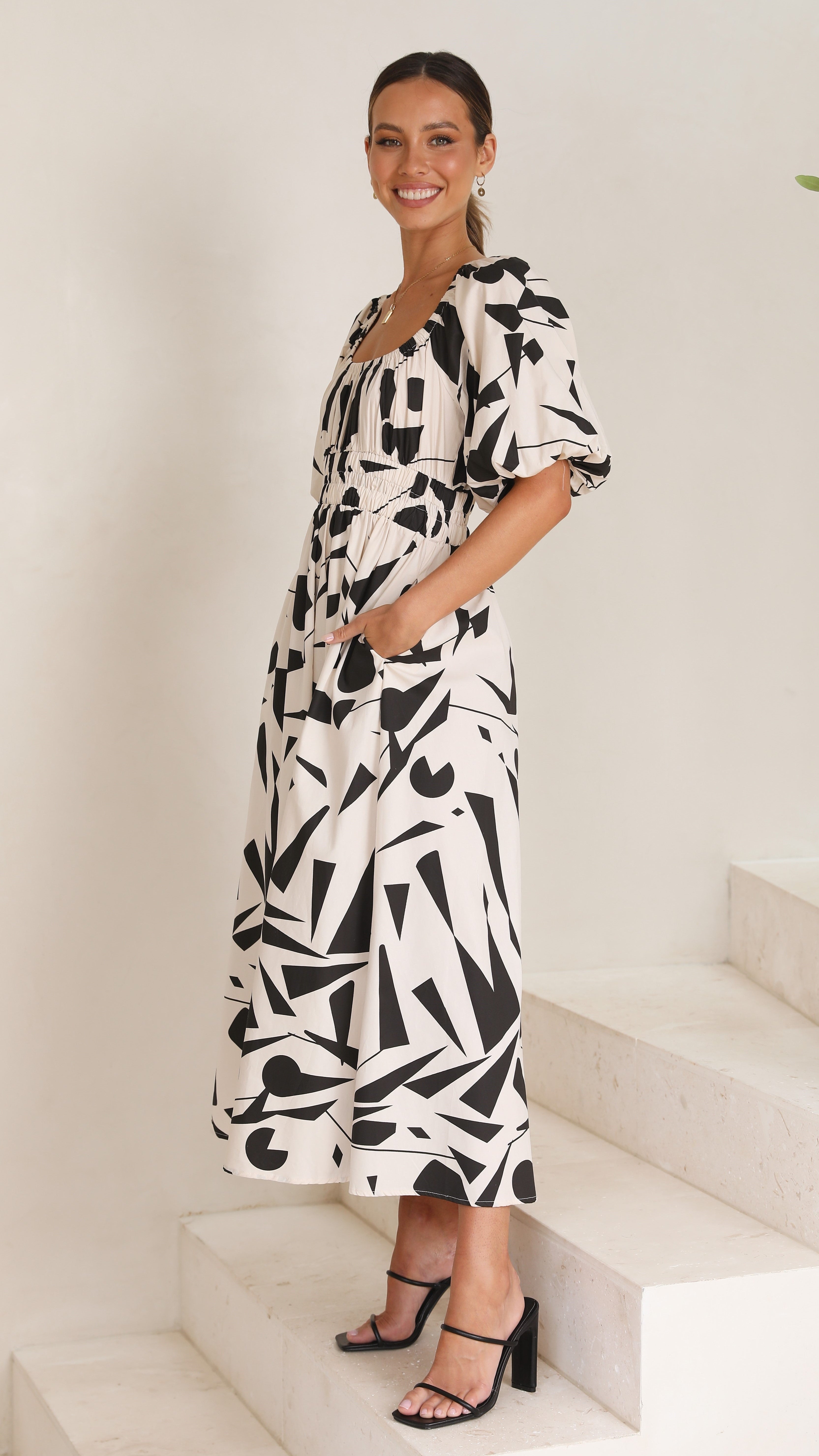 Mel Midi Dress - Beige/Black-Sunshines Bliss