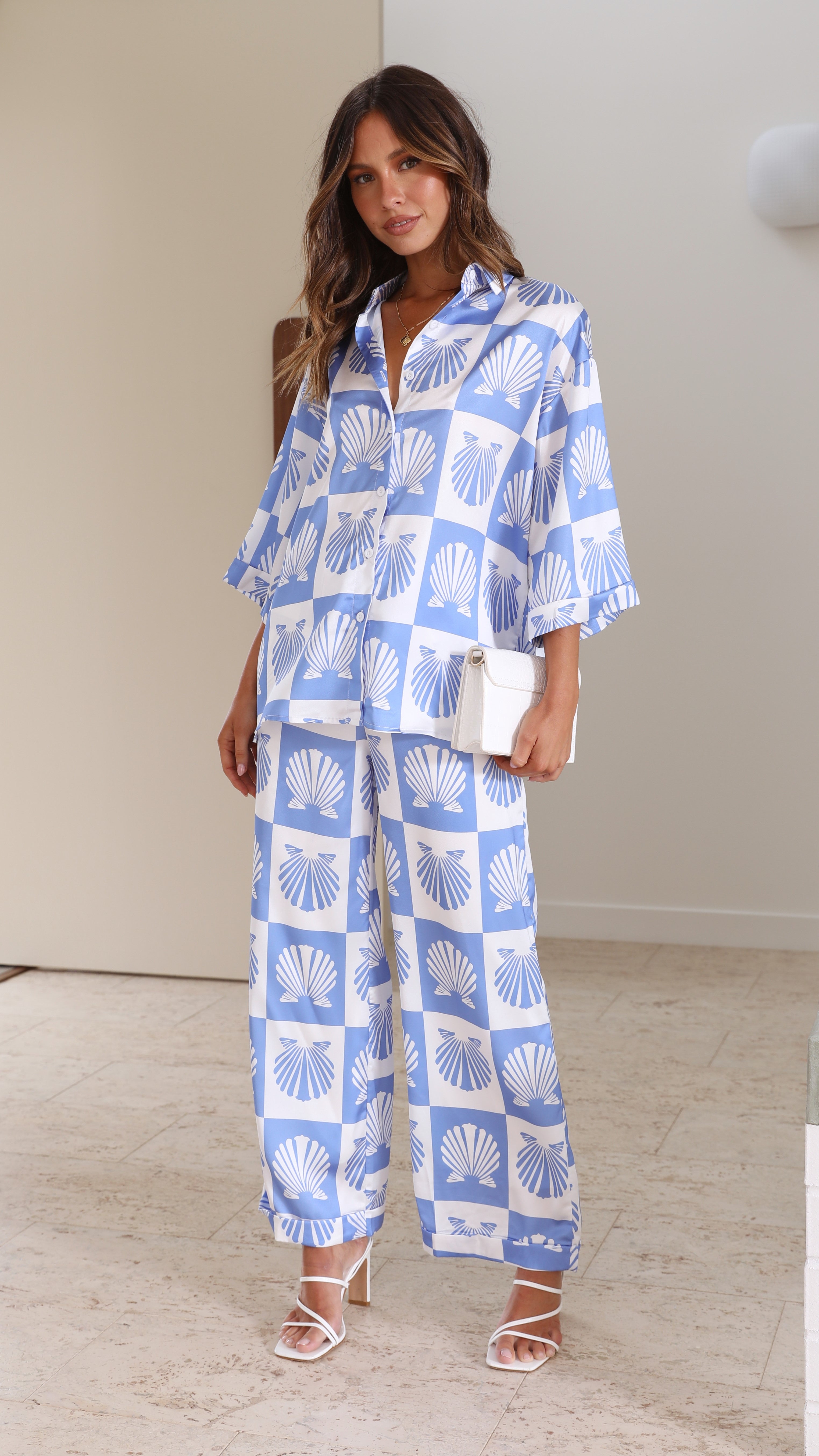 Camilla Shirt and Pants Set - Blue/White-Sunshines Bliss