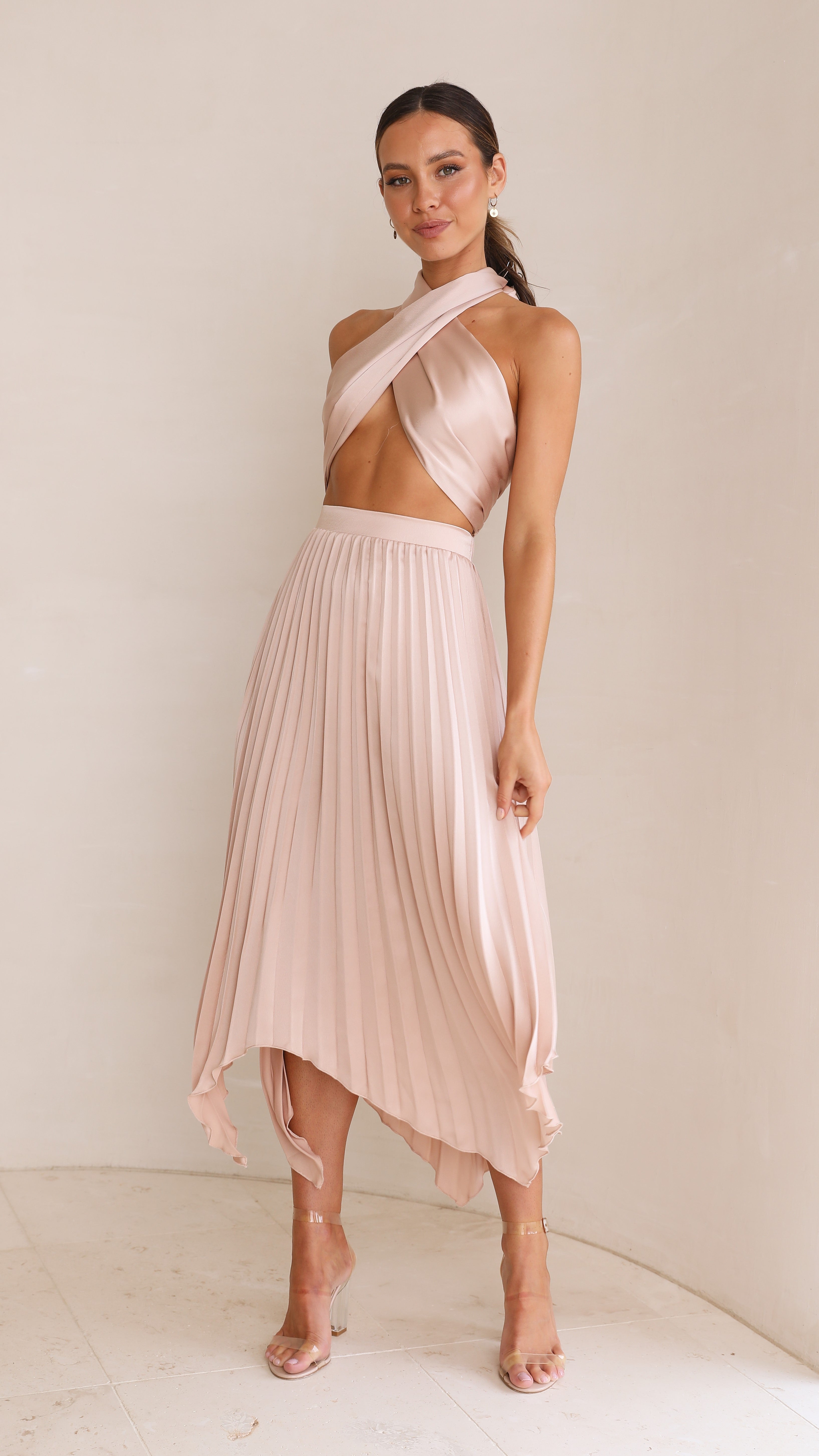 Tilley Pleated Top and Skirt Set - Champagne-Sunshines Bliss