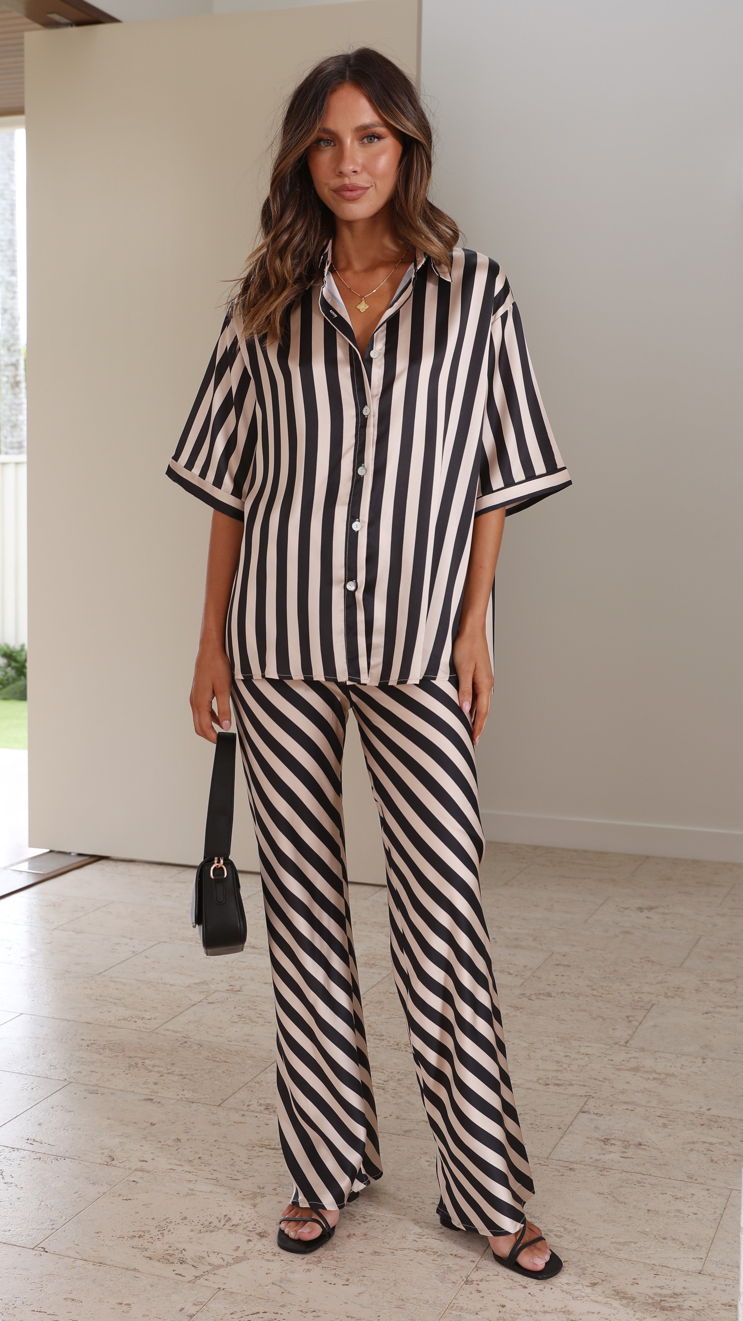 Myra Button Up Shirt and Pants Set - Black/Cream Stripe-Sunshines Bliss