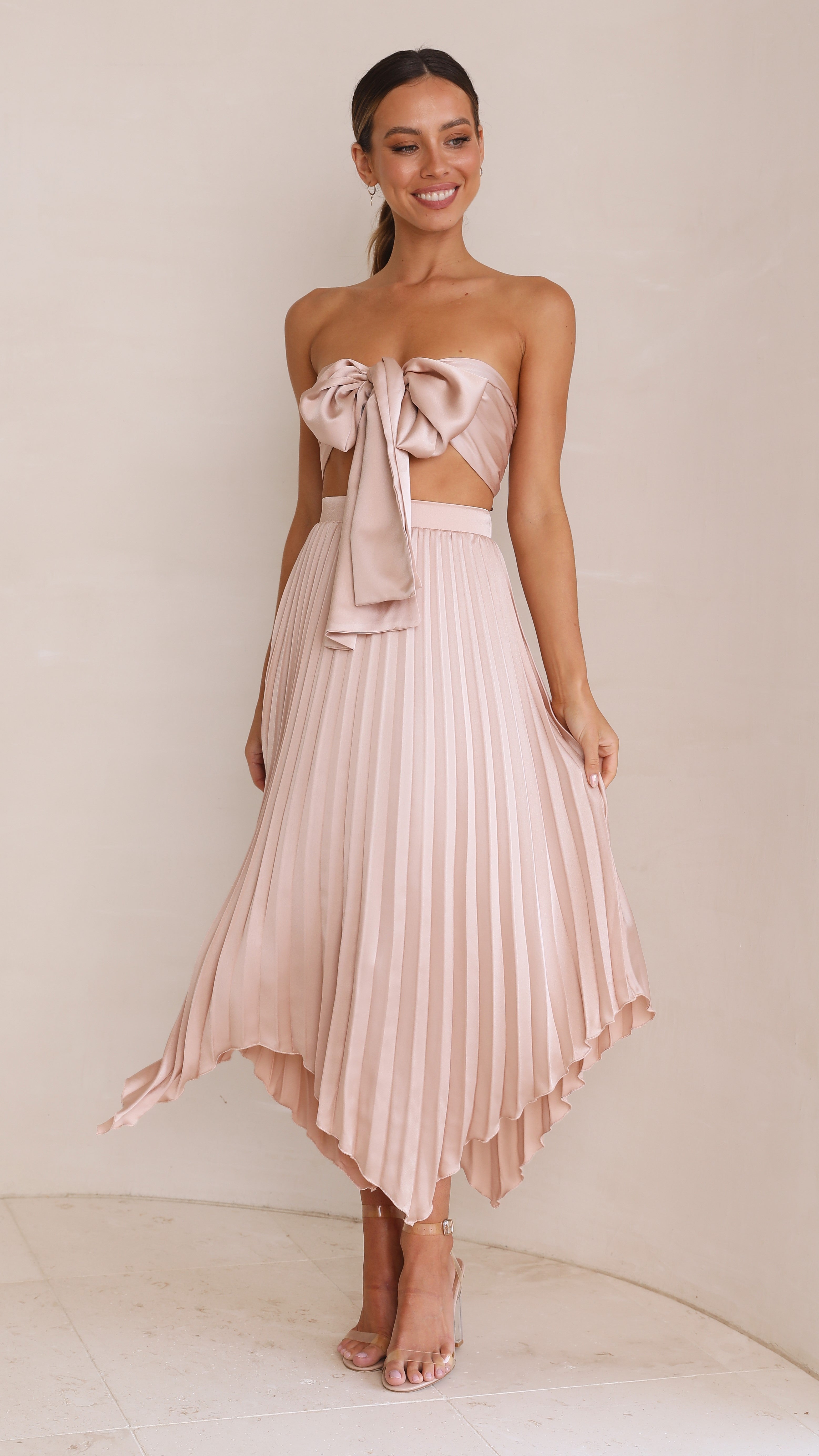 Tilley Pleated Top and Skirt Set - Champagne-Sunshines Bliss