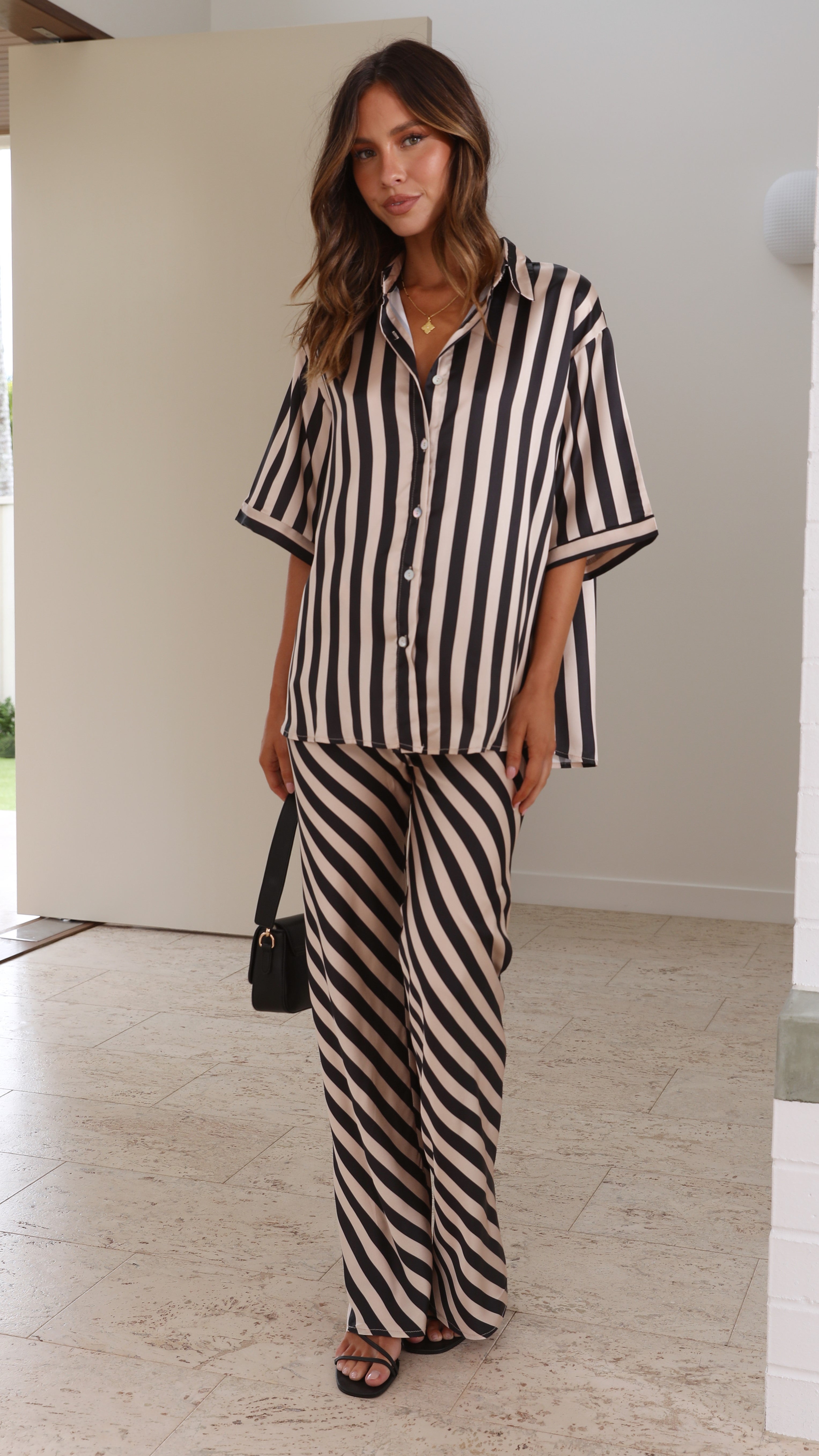 Myra Button Up Shirt and Pants Set - Black/Cream Stripe-Sunshines Bliss