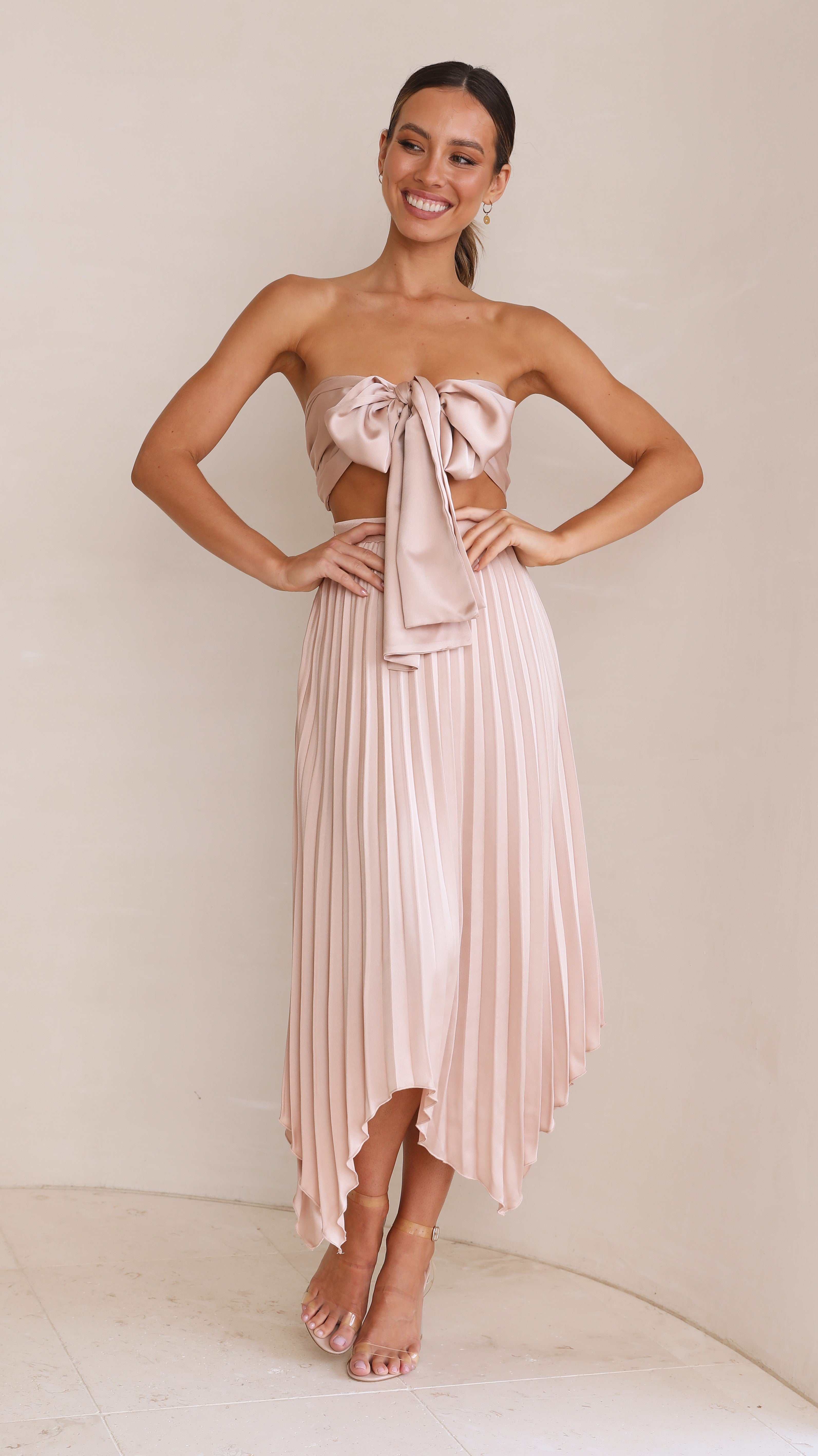 Tilley Pleated Top and Skirt Set - Champagne-Sunshines Bliss