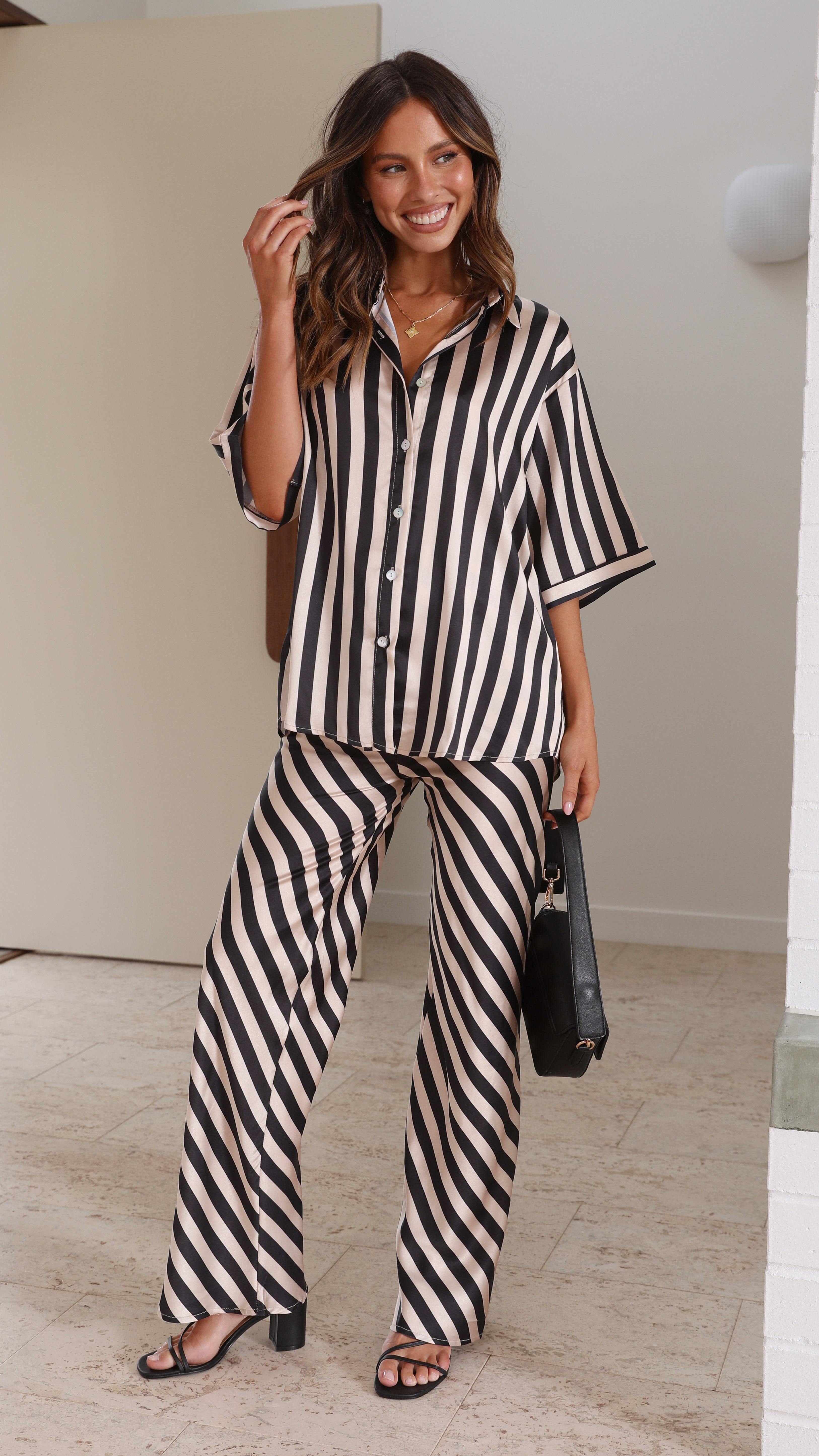 Myra Button Up Shirt and Pants Set - Black/Cream Stripe-Sunshines Bliss