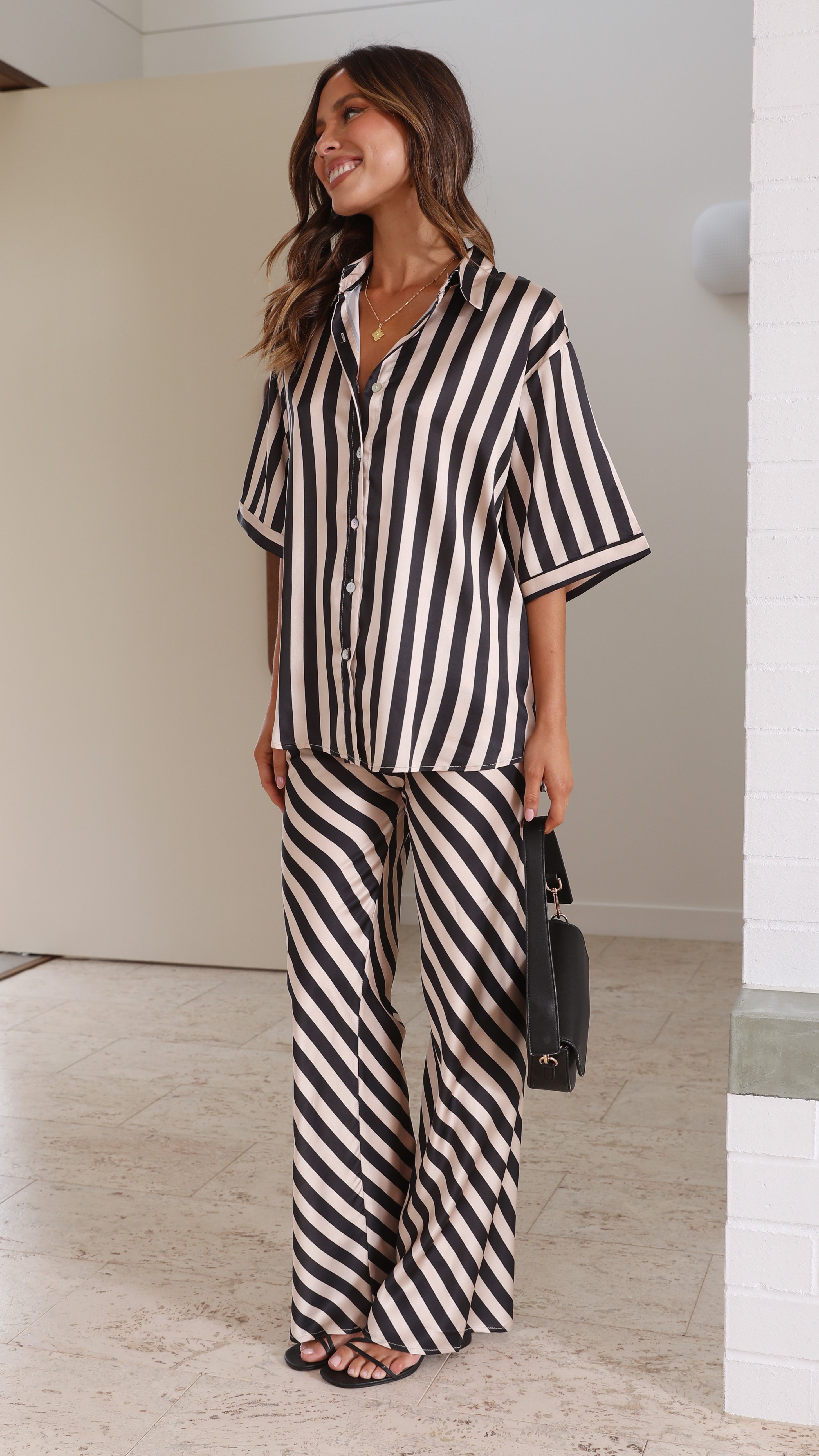 Myra Button Up Shirt and Pants Set - Black/Cream Stripe-Sunshines Bliss