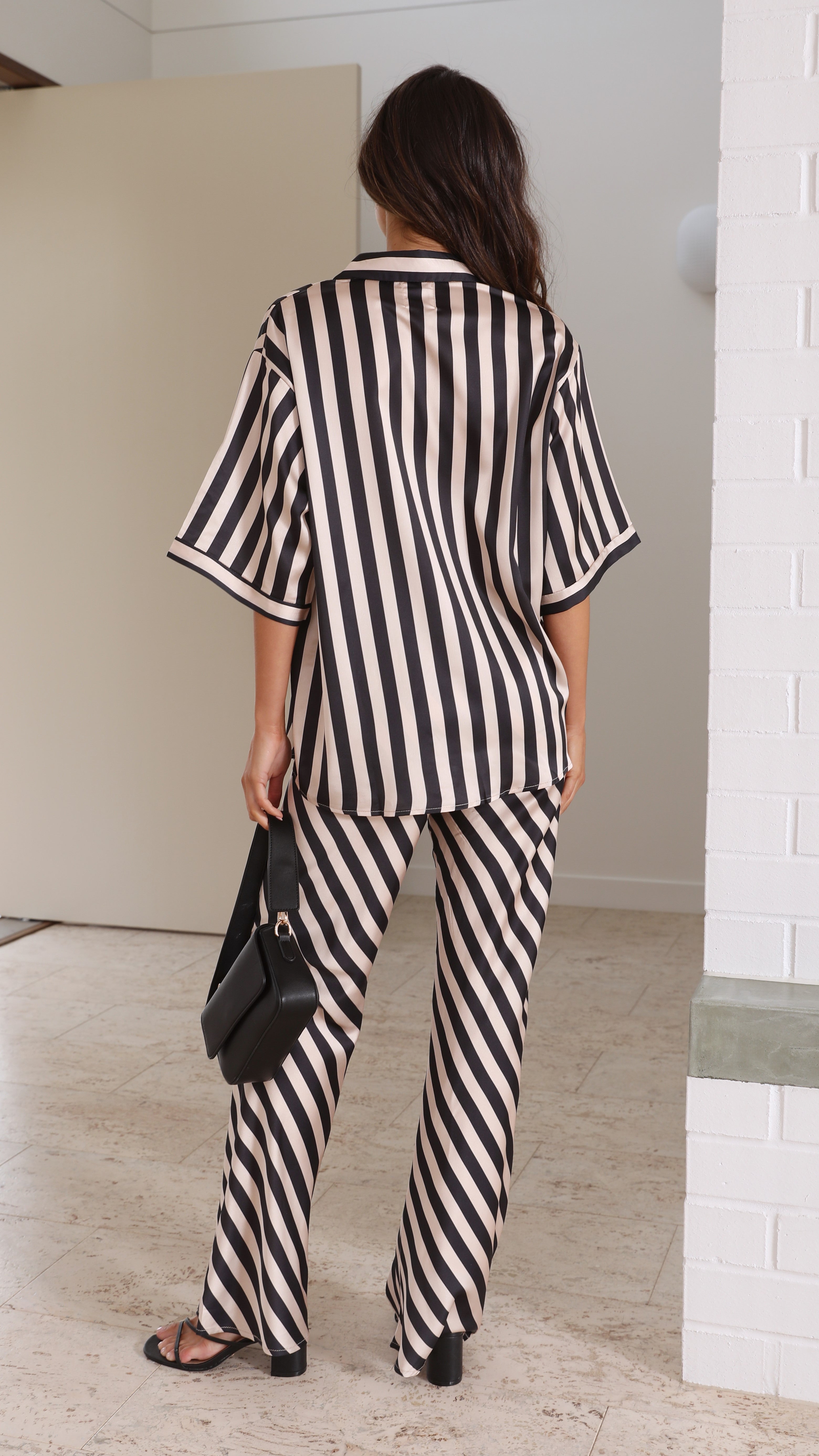 Myra Button Up Shirt and Pants Set - Black/Cream Stripe-Sunshines Bliss