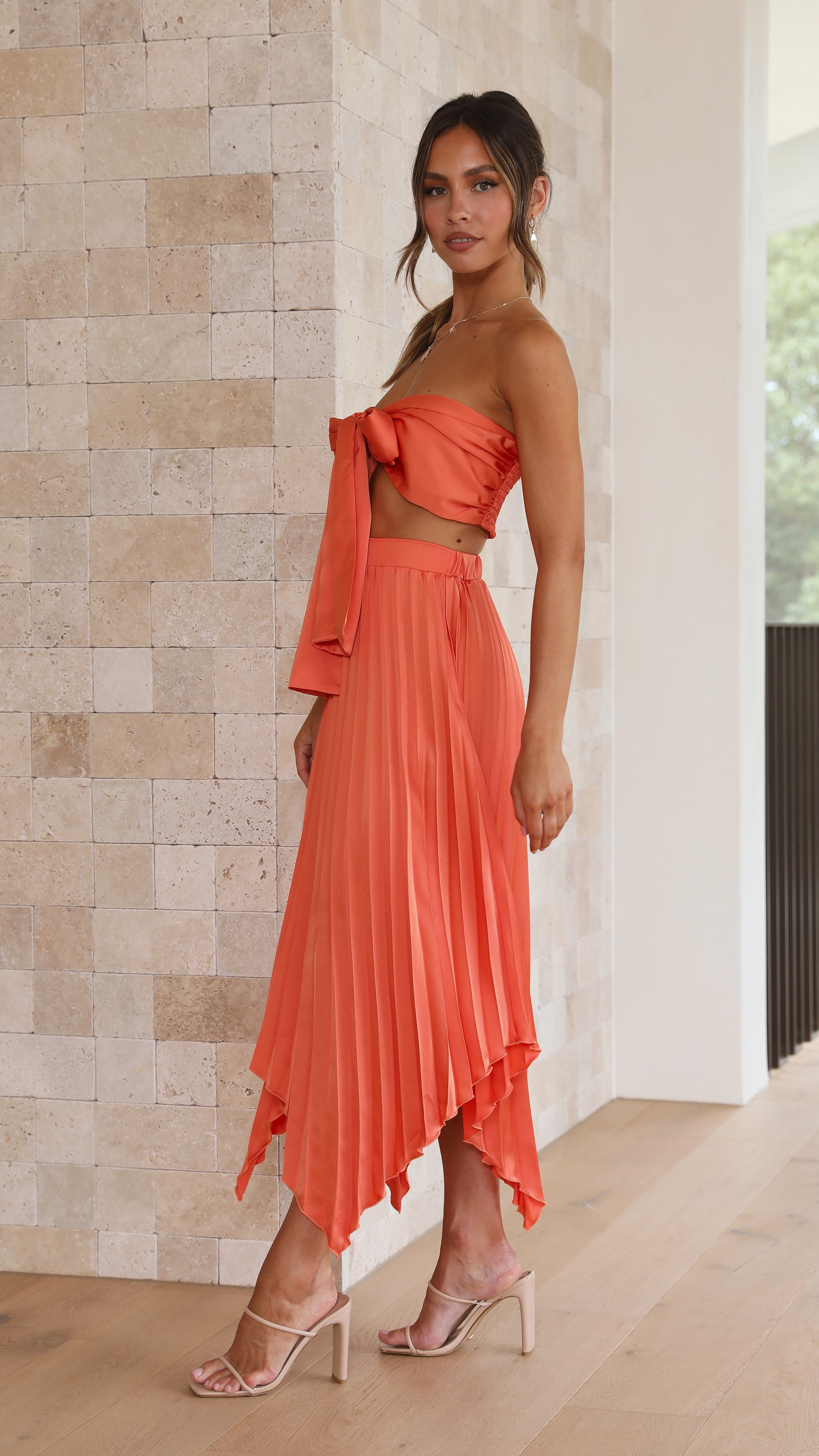 Tilley Pleated Top and Skirt Set - Orange-Sunshines Bliss